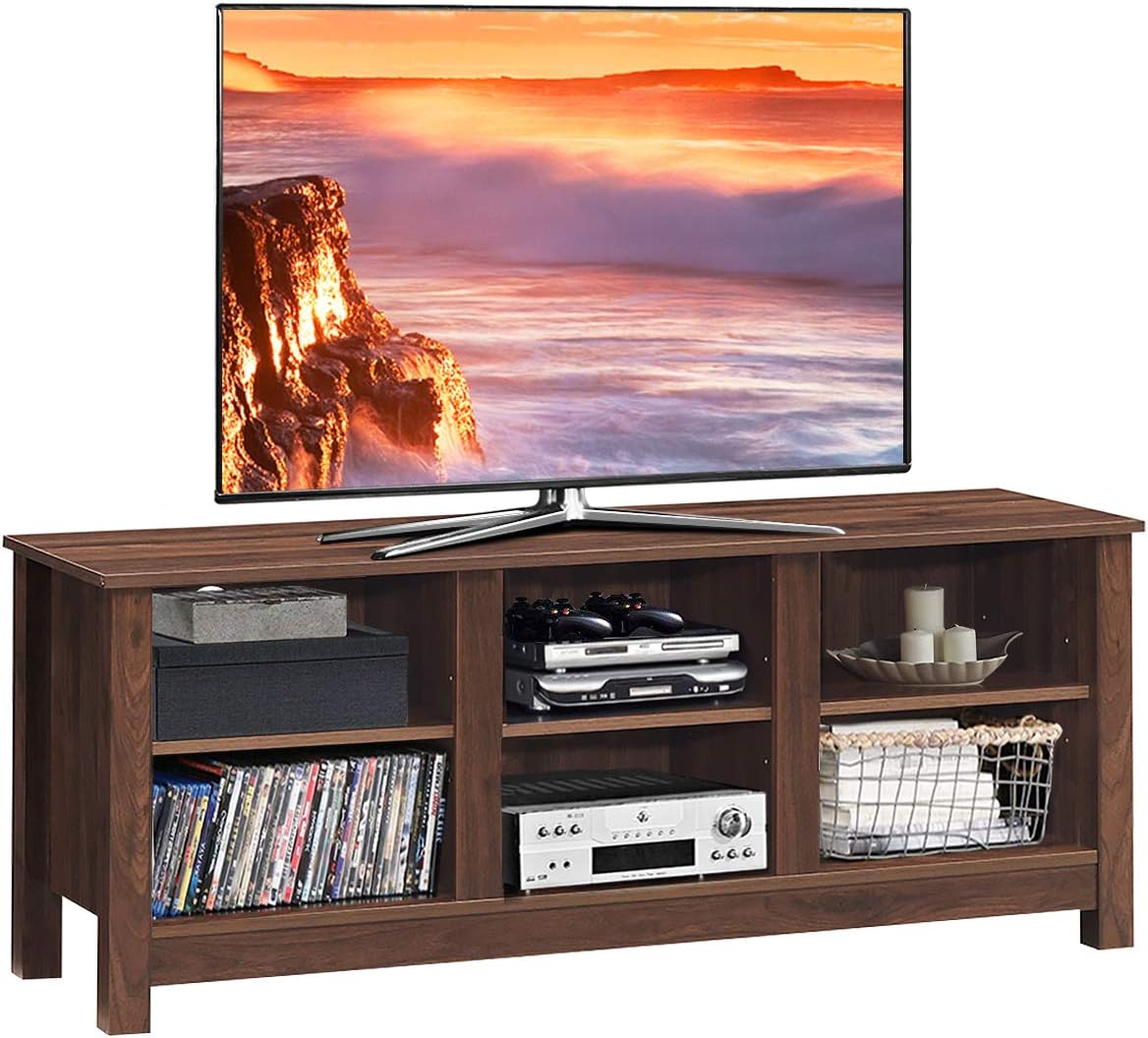 Tangkula Wooden TV Stand for TVs up to 60 Inches Flat Screen, Universal Entertainment Center with 6 Open Shelves for Living Room Bedroom, TV Console Table, Brown