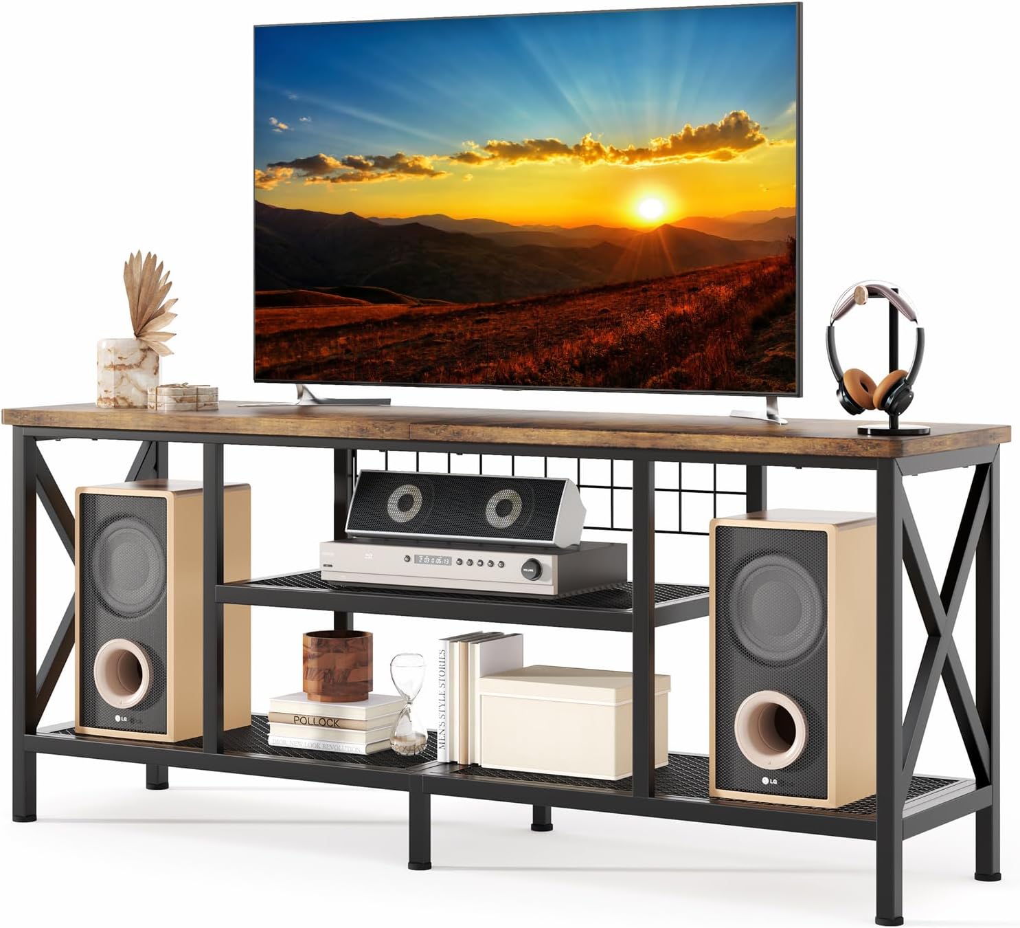 Gizoon 59.8 Industrial TV Stand for 55-65 Inch TVs, Rustic Brown, 3-Tier Media Entertainment Center with Open Shelves, Metal Frame, Sofa Table for Living Room, Bedroom, Office