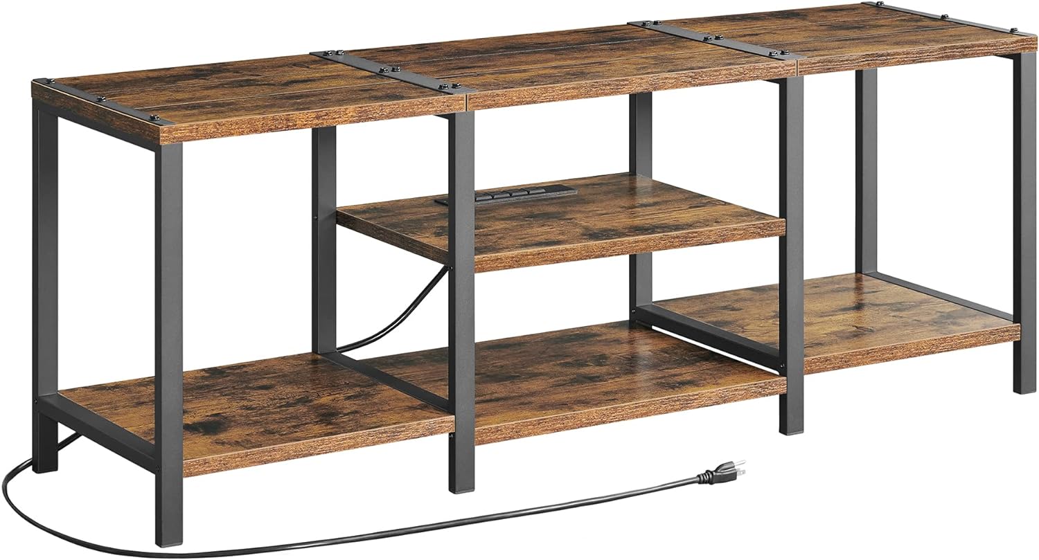 TV Stand with Charging Station - for TVs up to 65 Inches, 3-Tier Media TV Entertainment Center with Storage Shelf, Industrial TV Console Table for Living Room, Bedroom, Rustic Brown and Black