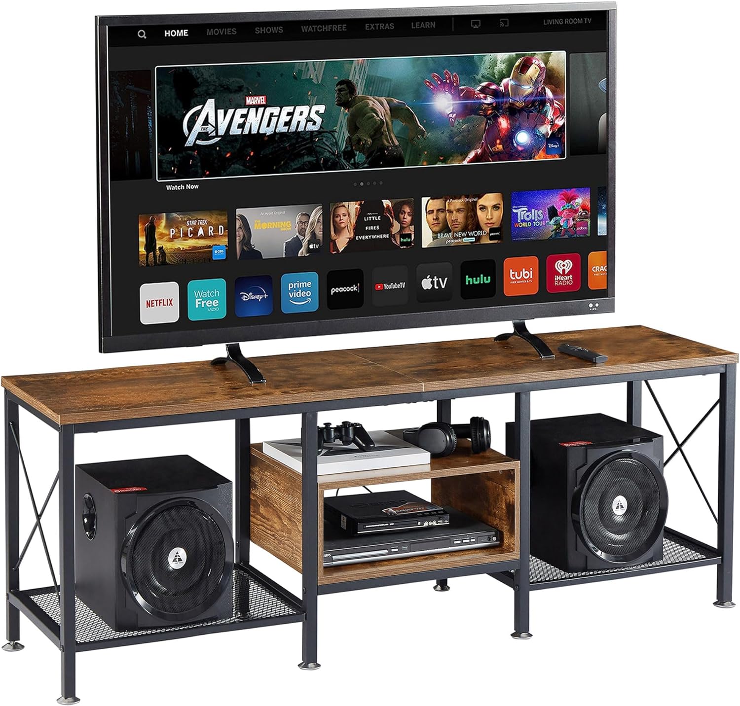 VECELO Industrial TV Stand for 65 Inch Television Cabinet 3-Tier Console with Open Storage Shelves, Entertainment Center Metal Frame for Living Room, Bedroom, 55 Inch, Dark Brown