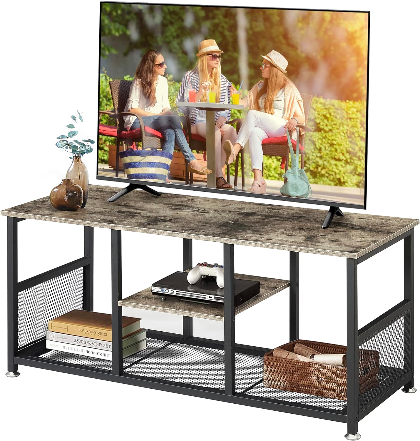 VECELO TV Stand Up to 50 Inches, 39 Inch Industrial Entertainment Center Media Console with Open Storage Shelves, Wooden Coffee Table with Metal Frame, Grey