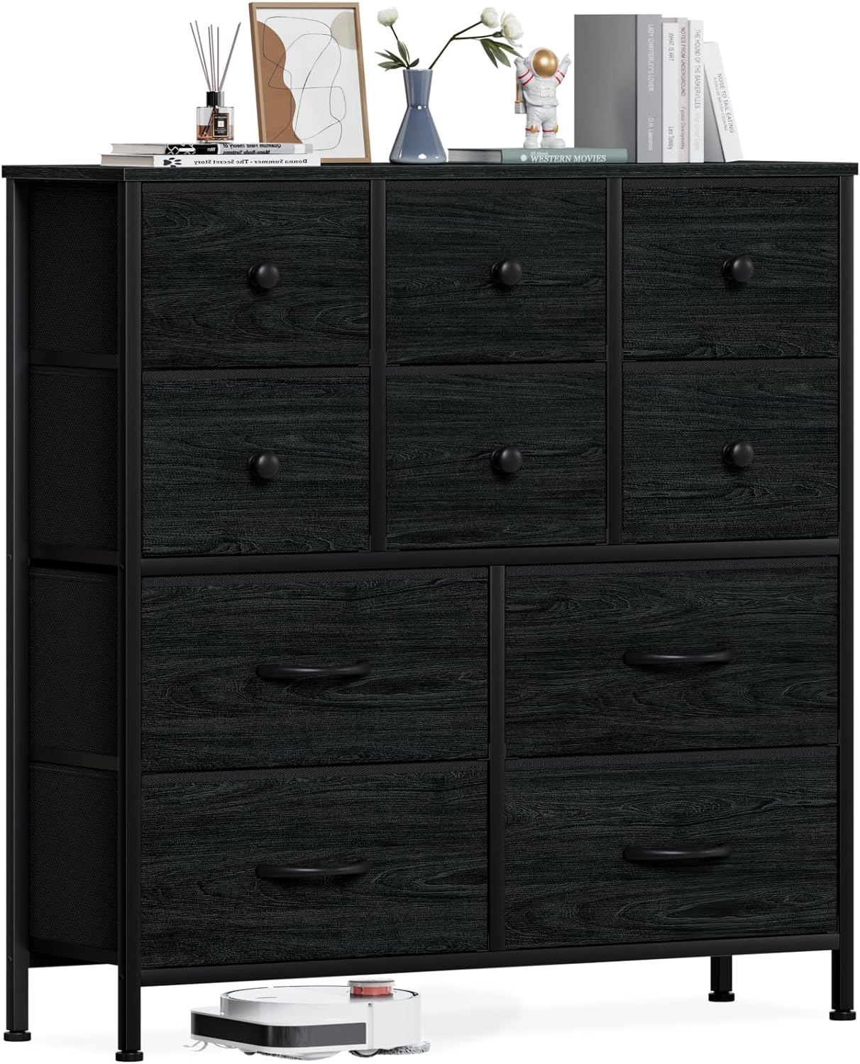 Furnulem Black Oak 10 Drawers Dresser,Tall Storage Drawer Unit,Wide Chest of Drawer in Bedroom,Closet,Living Room,Hallway,Fabric Clothes Organizer,Wood Top