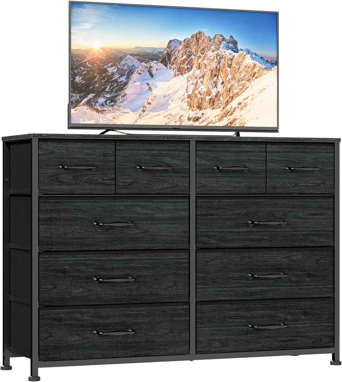 Furnulem 10 Drawer Dresser for Bedroom, Chest of Drawer for 55'' Long TV Stand Entertainment Center, Storage Organizer for Closet, Living Room, Entryway, Fabric Bins, Wood Top, Metal Frame(Black Oak)