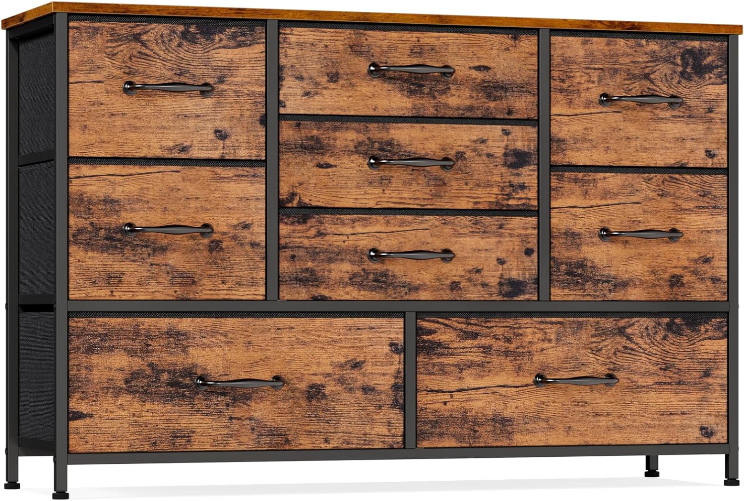 Furnulem Wide Dresser with 9 Large Drawers for 55'' Long TV Stand Entertainment Center,Wood Shelf Storage for Bedroom,Living Room,Closet,Entryway,Sturdy Metal Frame (Rustic Brown