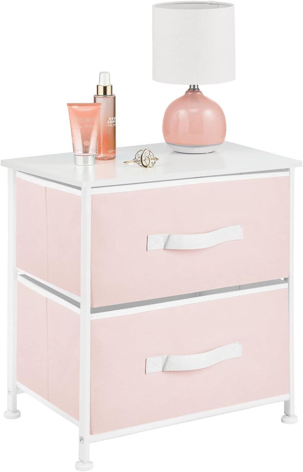 mDesign Small Storage Dresser End/Side Table Night Stand with 2 Removable Fabric Drawers - Organizer for Bedroom, Living Room, Closet - Hold Clothes, Linens, Accessories, Jane Collection, Pink/White