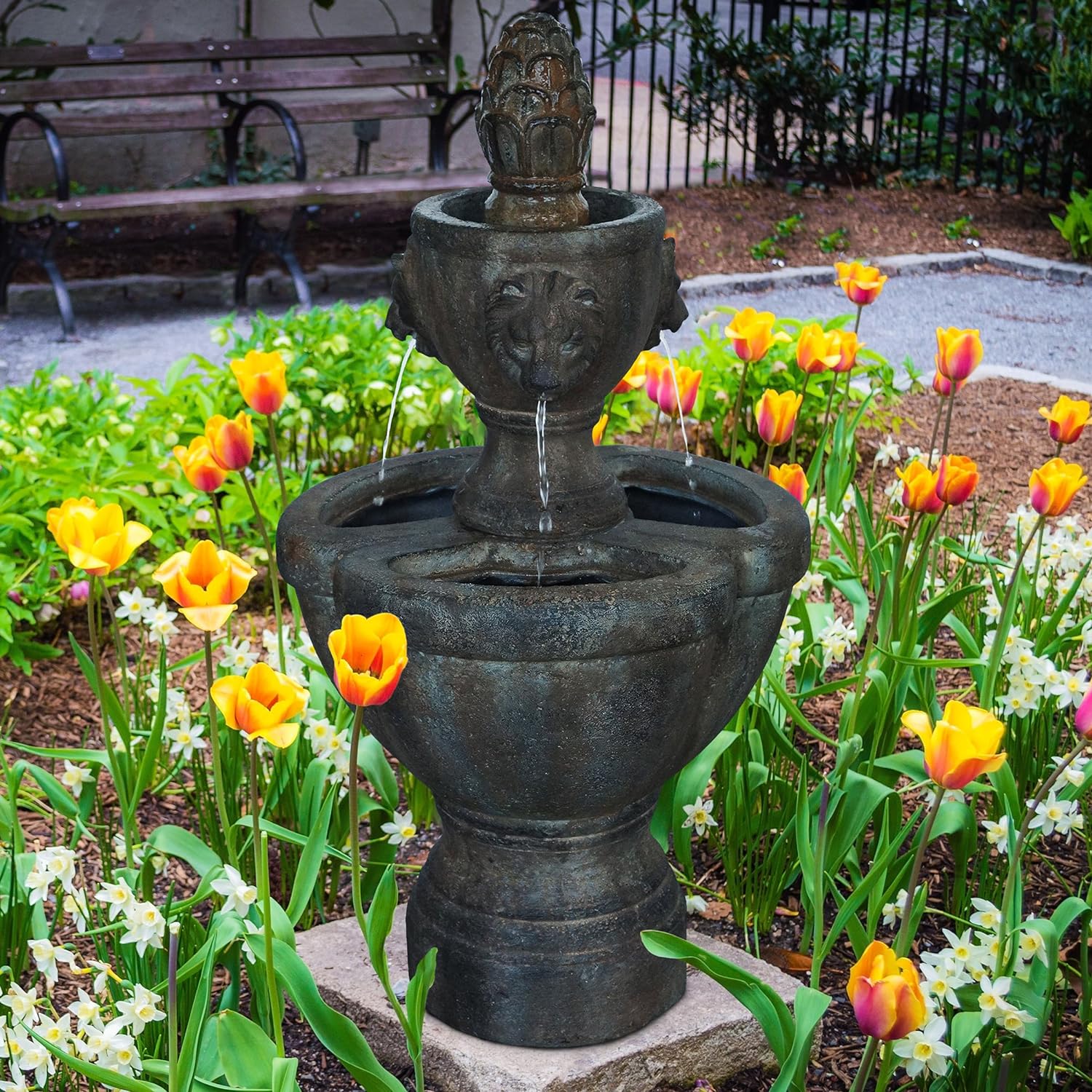 Outdoor Water Fountain, 2 Tier Lion Head Fountain With Natural Looking Stone and Soothing Sound for Decor on Patio, Lawn and Garden By Pure Garden Brown