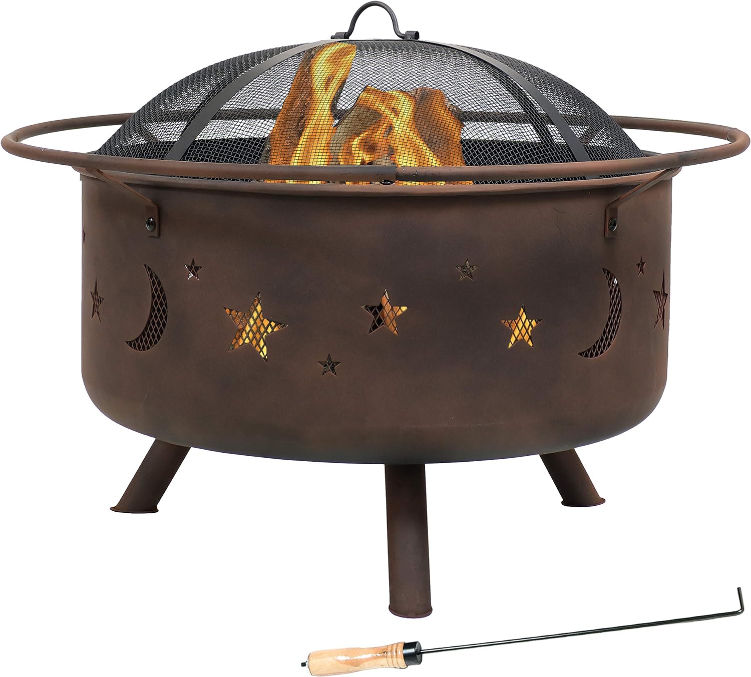 Sunnydaze Cosmic 30-Inch Fire Pit with Cooking BBQ Grill Grate, Spark Screen, and Fireplace Poker - Celestial Design