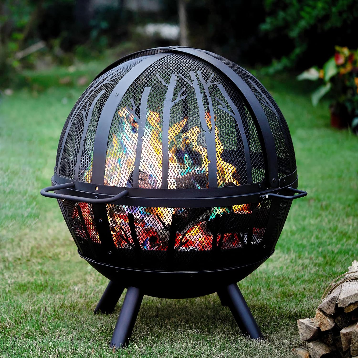 35 inch Flaming Ball Fire Pit for Outside, Bonfire Wood Burning Fire Pit with Spark Screen, Tree Pattern for Patio Backyard Garden