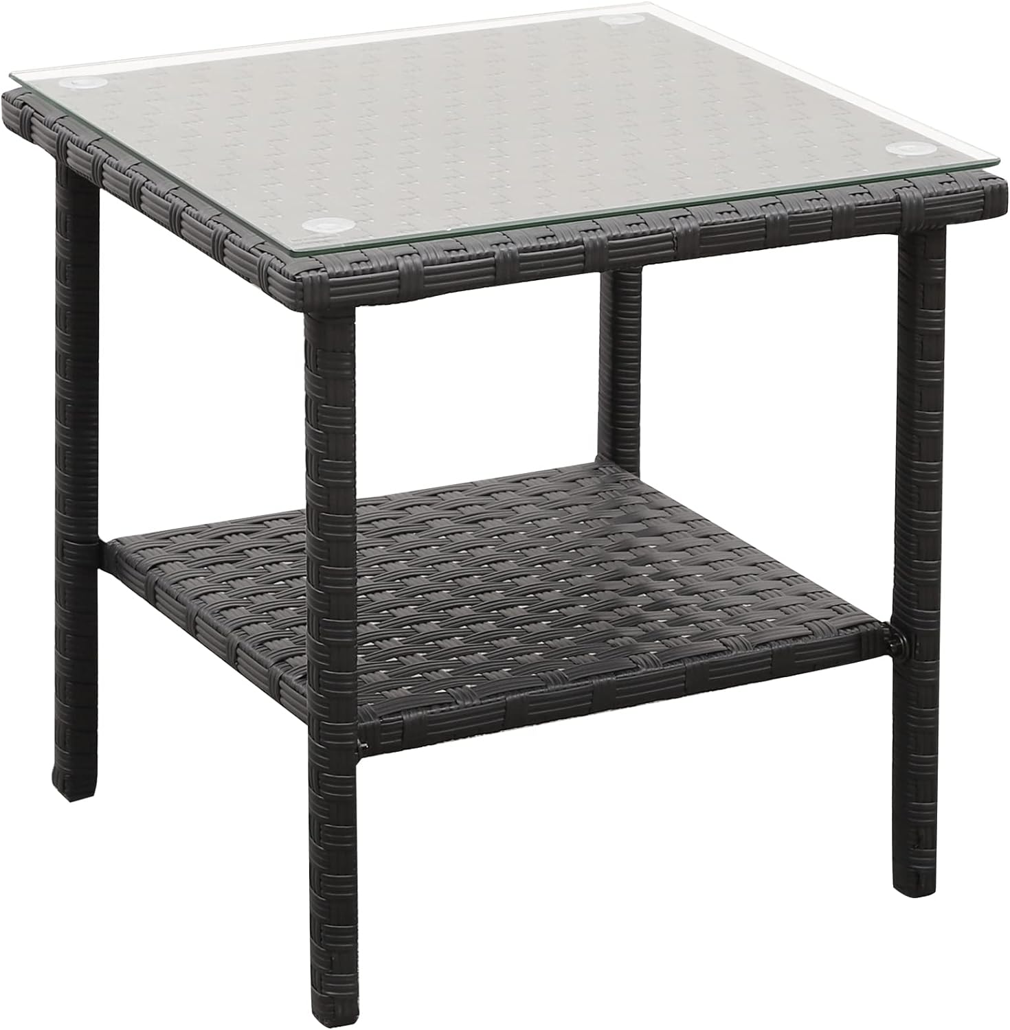 Rattaner Outdoor PE Wicker Rattan Side Table - Patio Rattan Garden Coffee End Square Table with Glass Top-2-layer Table Furniture, Black