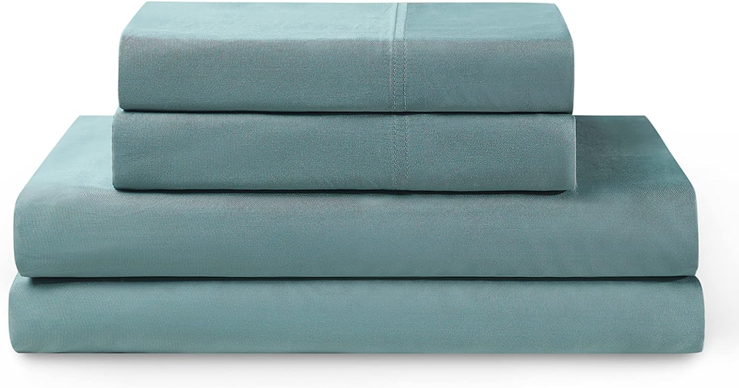 YnM Cooling Bed Sheet Set with 100 Percent Rayon Derived from Bamboo, 400TC Fabric with 2 Pillowcases and Flat Sheet, Deep Pocket Fit 19'', Silky-Soft & Sweat Wicking, 4 Piece (Queen, Sea Grass)