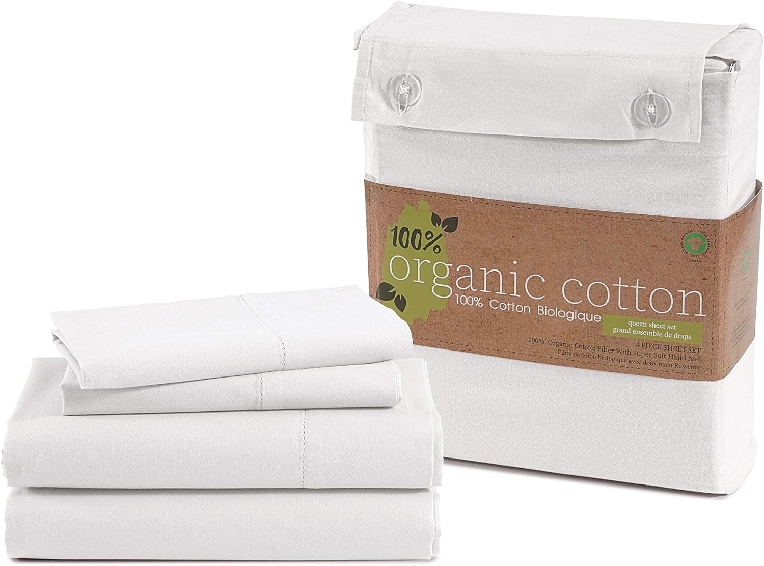 LANE LINEN 100% Organic Cotton Queen Sheet Set, 4Pc Cotton Sheets Queen Size Bed Set, Soft & Breathable Percale Weave, Deep Pocket Queen Sheets, Hotel-Quality Bed Sheets Queen Size - White Bed Sheets