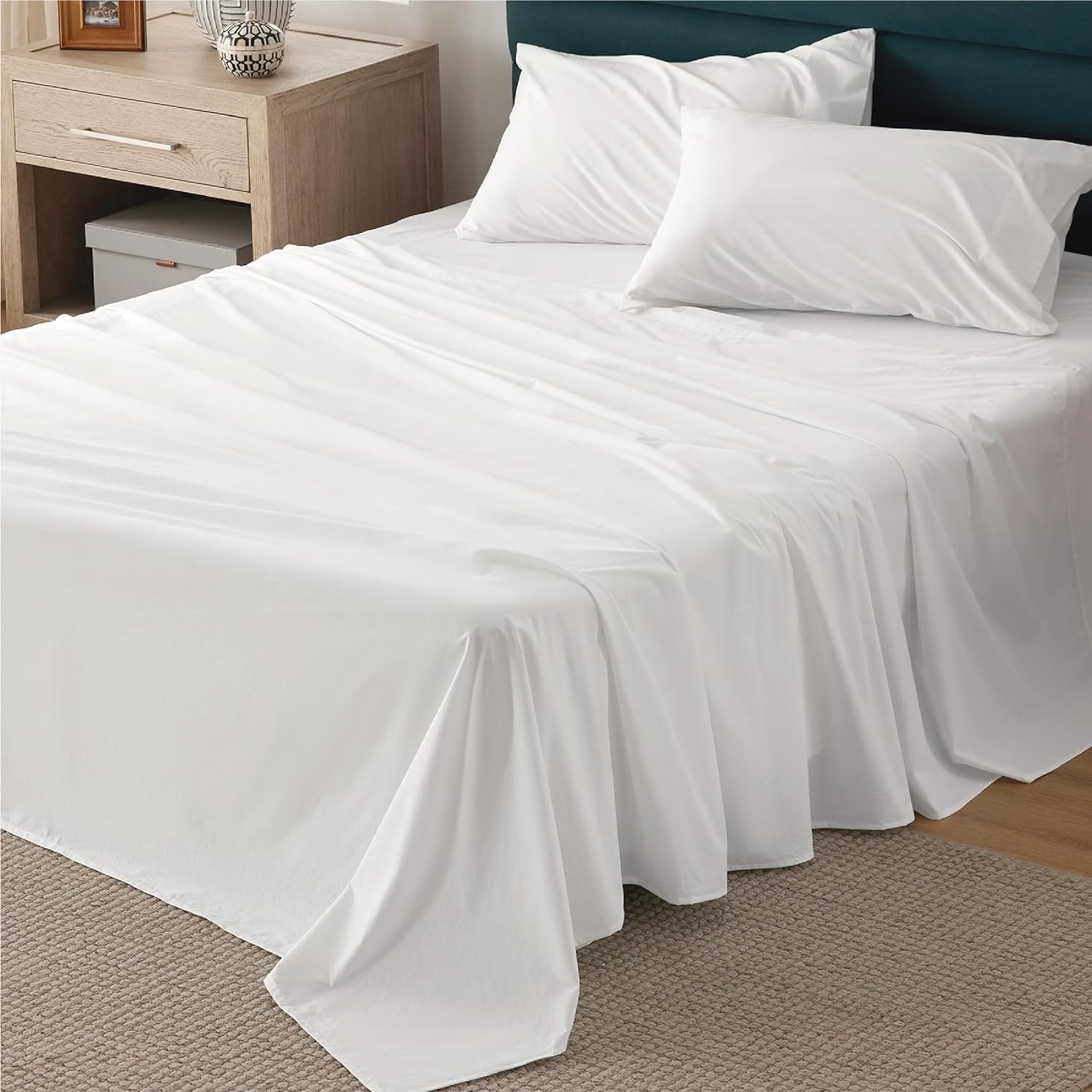 Bedsure 100% Cotton Sheets Queen Size - Soft Percale Sheets, 4 Pieces White Sheet Set, Breathable Cooling Queen Sheets, Cotton Bed Sheets with Deep Pocket Up to 16, Bedding Sheets & Pillowcases