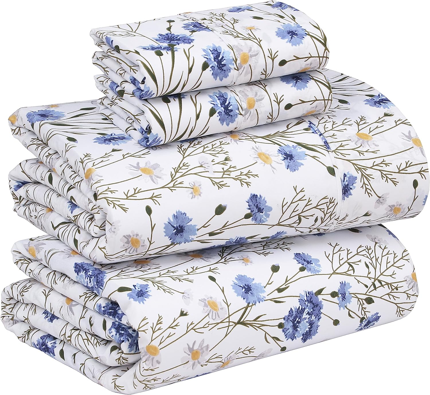 RUVANTI 100% Cotton Percale Sheets for King Size Bed - 16 Inches Deep Pocket Perfect Fitting - Crispy Cool & Comfortable - Blue Floral (1 Flat, 1 Fitted & 2 Pillowcases)