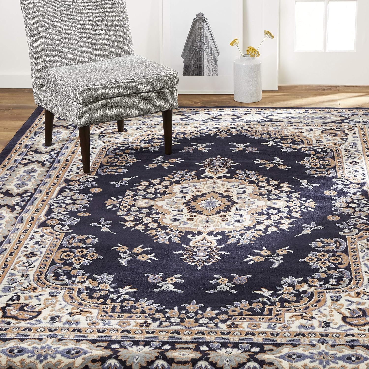 Home Dynamix Premium Sakarya Traditional Medallion Border Area Rug, Navy Blue/Brown, 7'8x10'7 Rectangle