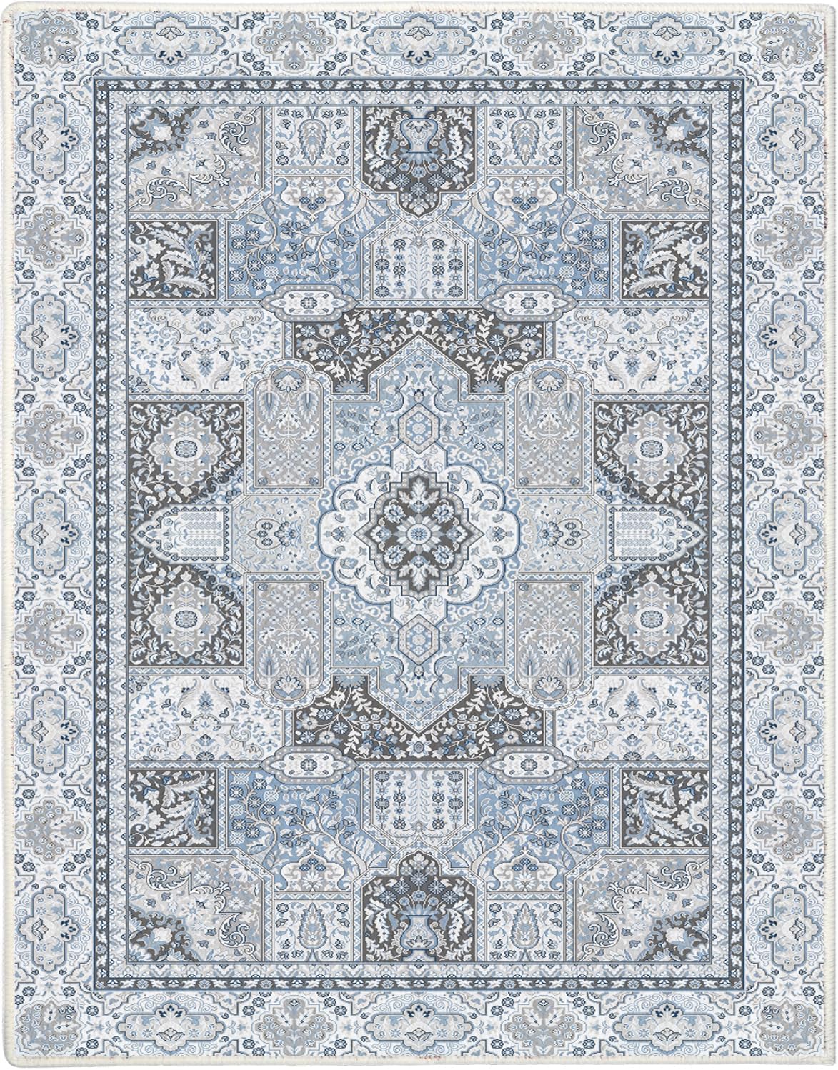 Boho Washable Area Rug, 5' x 7' Indoor Area Rugs for Living Room, Distressed Area Rug 5x7 for Living Room Decor, Non-Slip Backing Area Rugs for Bedroom and Dining Room, Machine Washable(Blue/Grey)