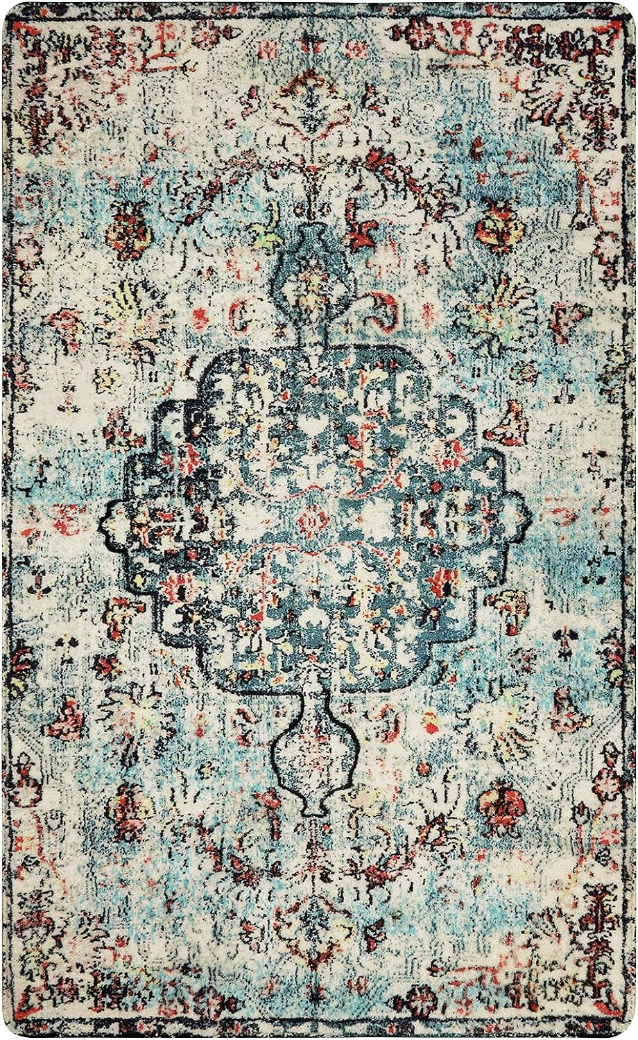 Lahome Bohemian Floral Medallion Area Rug - 3x5 Vintage Teal Distressed Entry Throw Rug Turkish Faux Wool Accent Rug Non-Slip Washable Low-Pile Carpet for Bathroom Entrance Living Bedroom