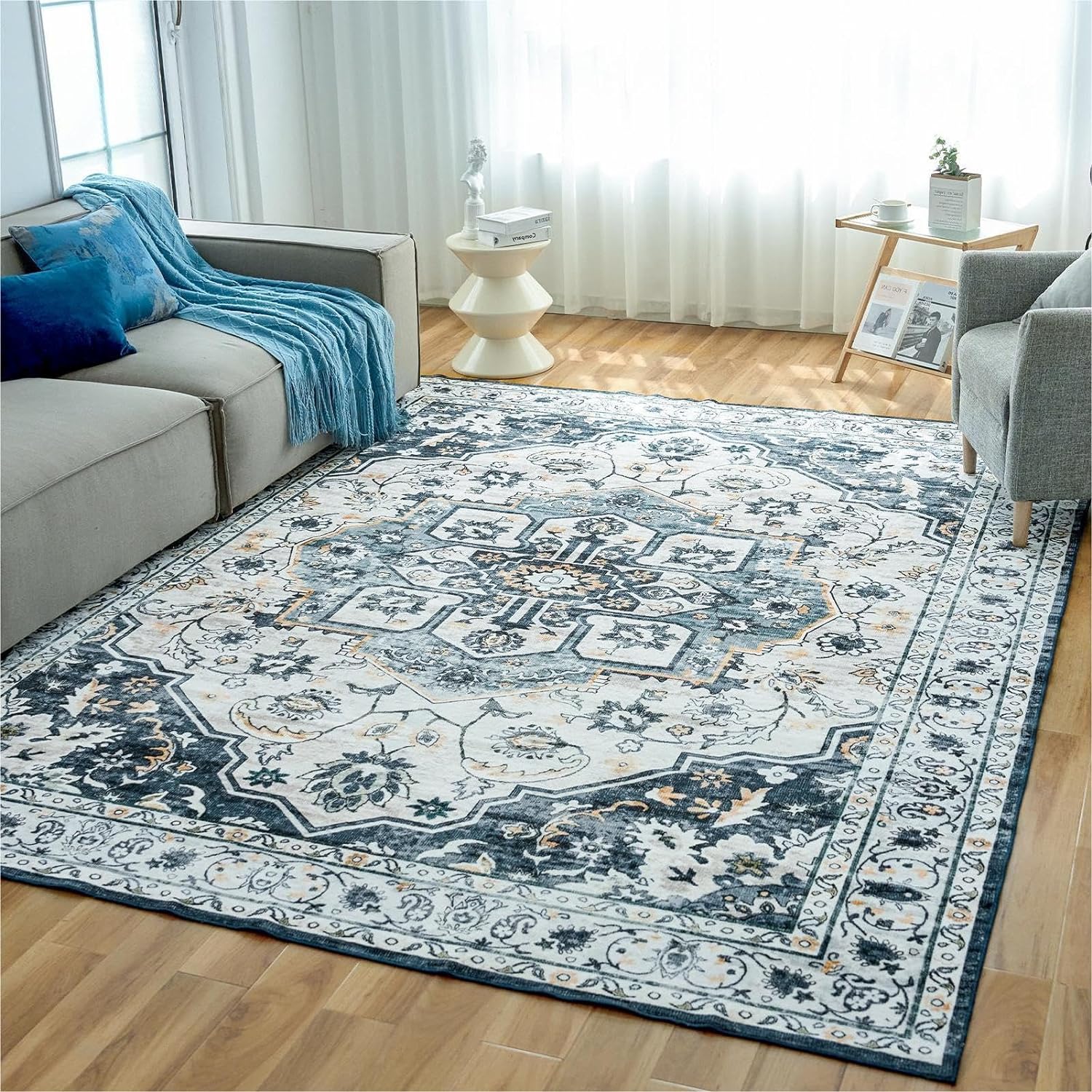 OIGAE Washable Rug 5x7, Vintage Medallion Area Rugs with Non-Slip Backing, Non-Shedding Floor Mat Throw Carpet for Living Room Bedroom Kitchen Laundry Home Office, Blue