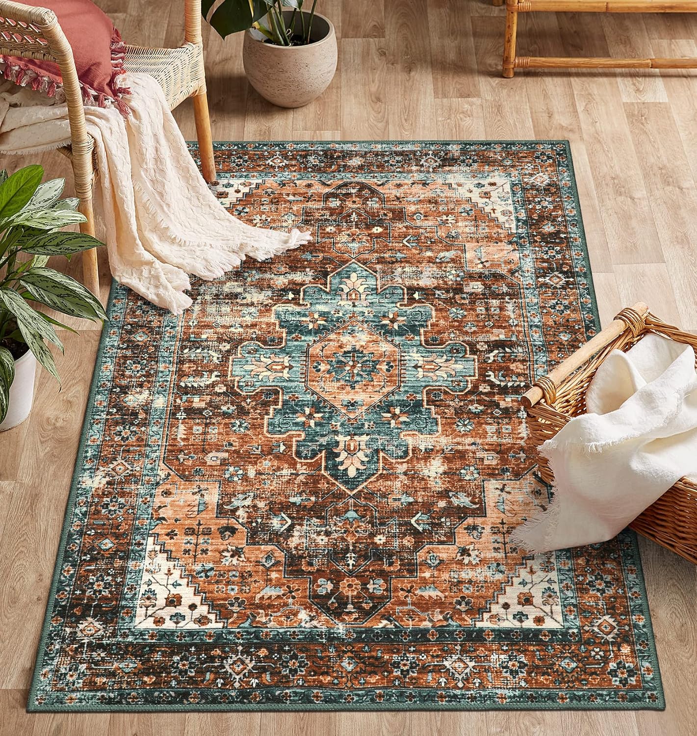 Moynesa Ultra-Thin Washable Vintage Area Rug - 3x5 Boho Non-Slip Entryway Rug Oriental Medallion Living Room Rug Entrance Mat Carpet for Kitchen Laundry Bathroom Bedroom, Brick Red/Dull Teal