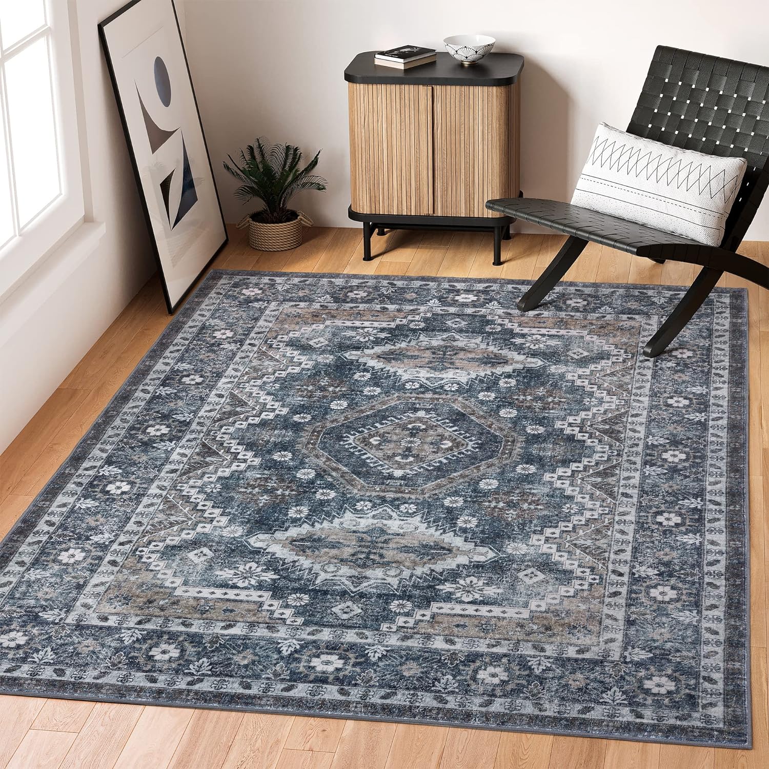 Rugland 5x7 Area Rugs - Stain Resistant Washable Rug, Anti Slip Rugs for Living Room, Vintage Tribal Area Rugs(TPR07-Navy, 5'x7')