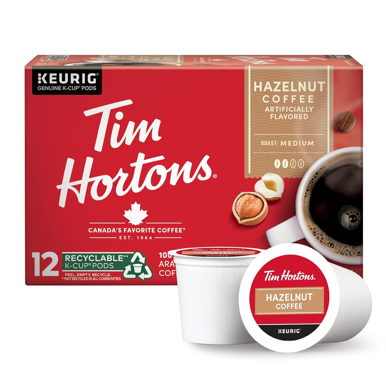 Tim Hortons Hazelnut Flavored, Medium Roast Coffee, Single-Serve K-Cup Pods Compatible with Keurig Brewers, 12ct K-Cups, Red