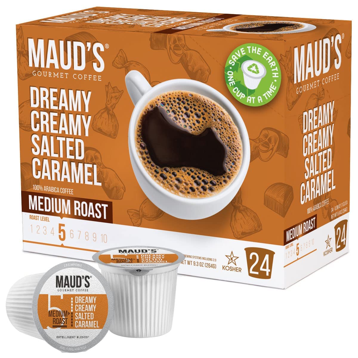 Maud' Salted Caramel Coffee Pods, 24 ct | Dreamy Creamy Caramel Flavor | 100% Arabica Medium Roast Coffee | Solar Energy Produced Recyclable Pods Compatible with Keurig K Cups Maker