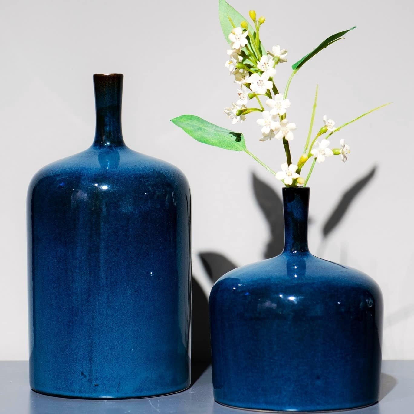 Ceramic Vase Blue Flower Vases - Set of 2 Modern Reactive Glaze Blue Vases for Centerpieces, Unique Long Neck Vase for Fireplace Bedroom Kitchen Cynkeyee