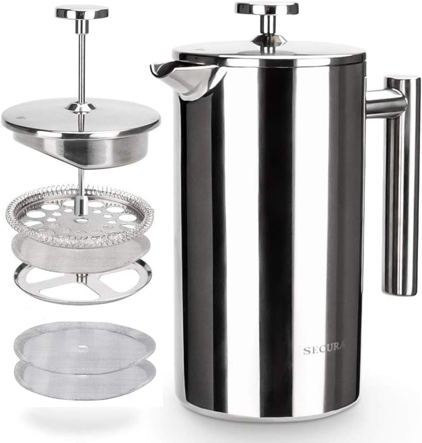 Secura French Press Coffee Maker, 304 Grade Stainless Steel Insulated Coffee Press with 2 Extra Screens, 34oz (1 Litre), Silver