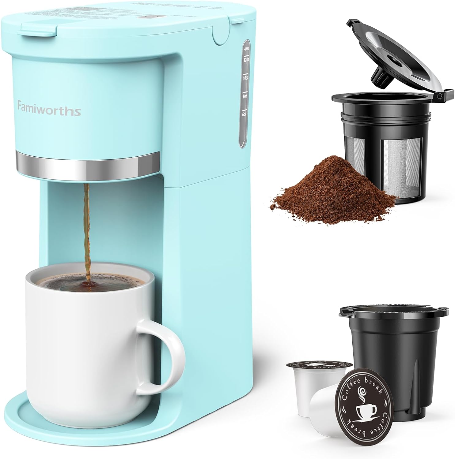 Famiworths Mini Coffee Maker Single Serve, Instant One Cup for K Cup & Ground Coffee, 6 to 12 Oz Brew Sizes, Capsule Coffee Machine with Water Window and Descaling Reminder, Teal Green