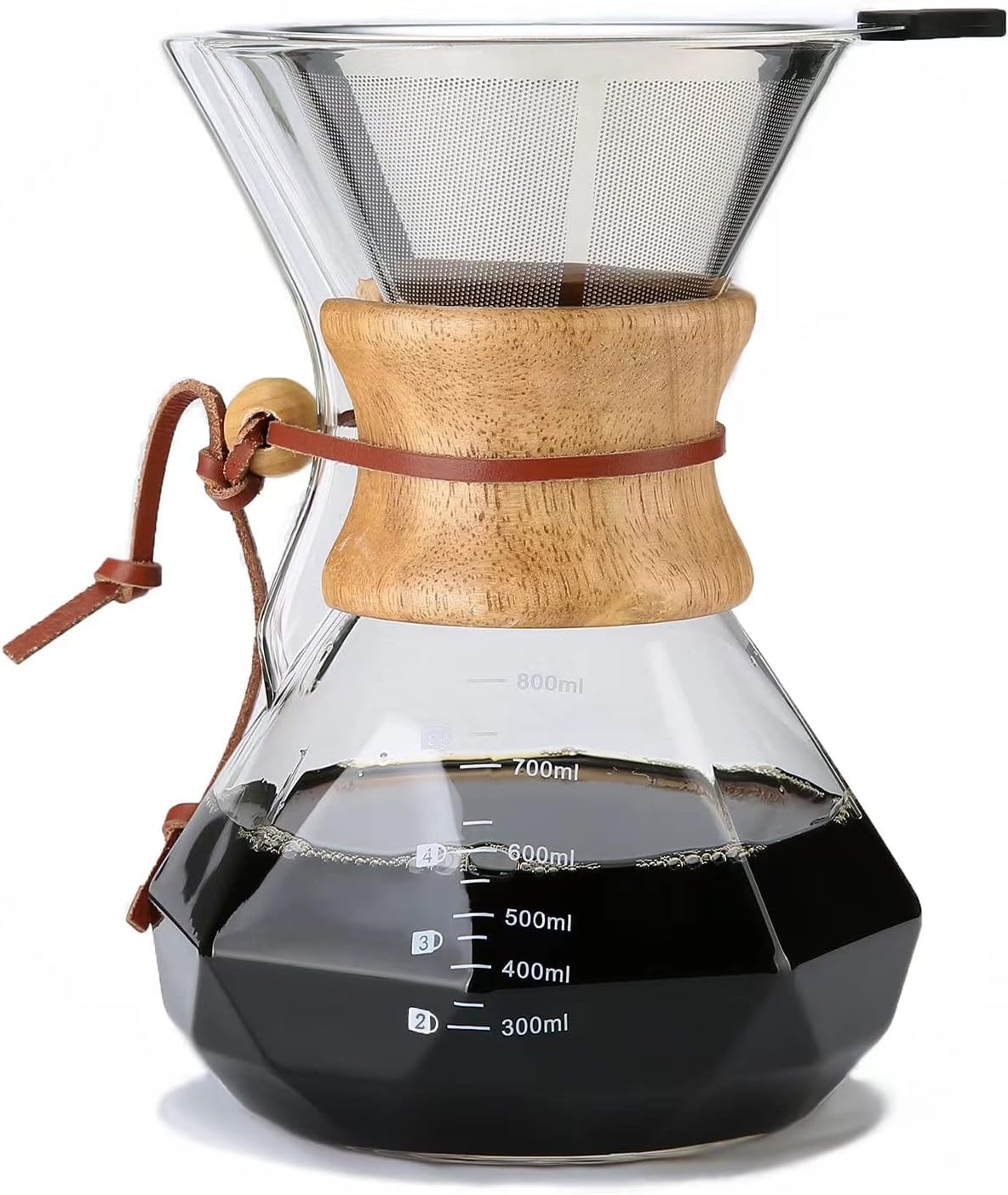 Pour Over Coffee Maker with Reusable Stainless Steel Filter, 27 oz Borosilicate Glass Coffee Carafe, Wooden Collar, Coffee Maker Carafe, Hold 4-6 Cups, 800 ml, Clear