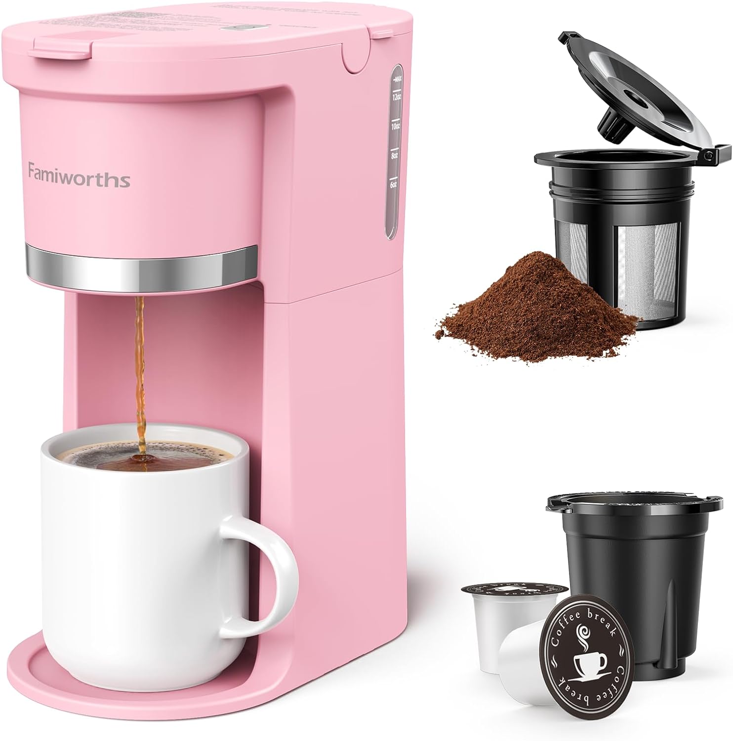 Famiworths Mini Coffee Maker Single Serve, Instant One Cup for K Cup & Ground Coffee, 6 to 12 Oz Brew Sizes, Capsule Coffee Machine with Water Window and Descaling Reminder, Romantic Pink