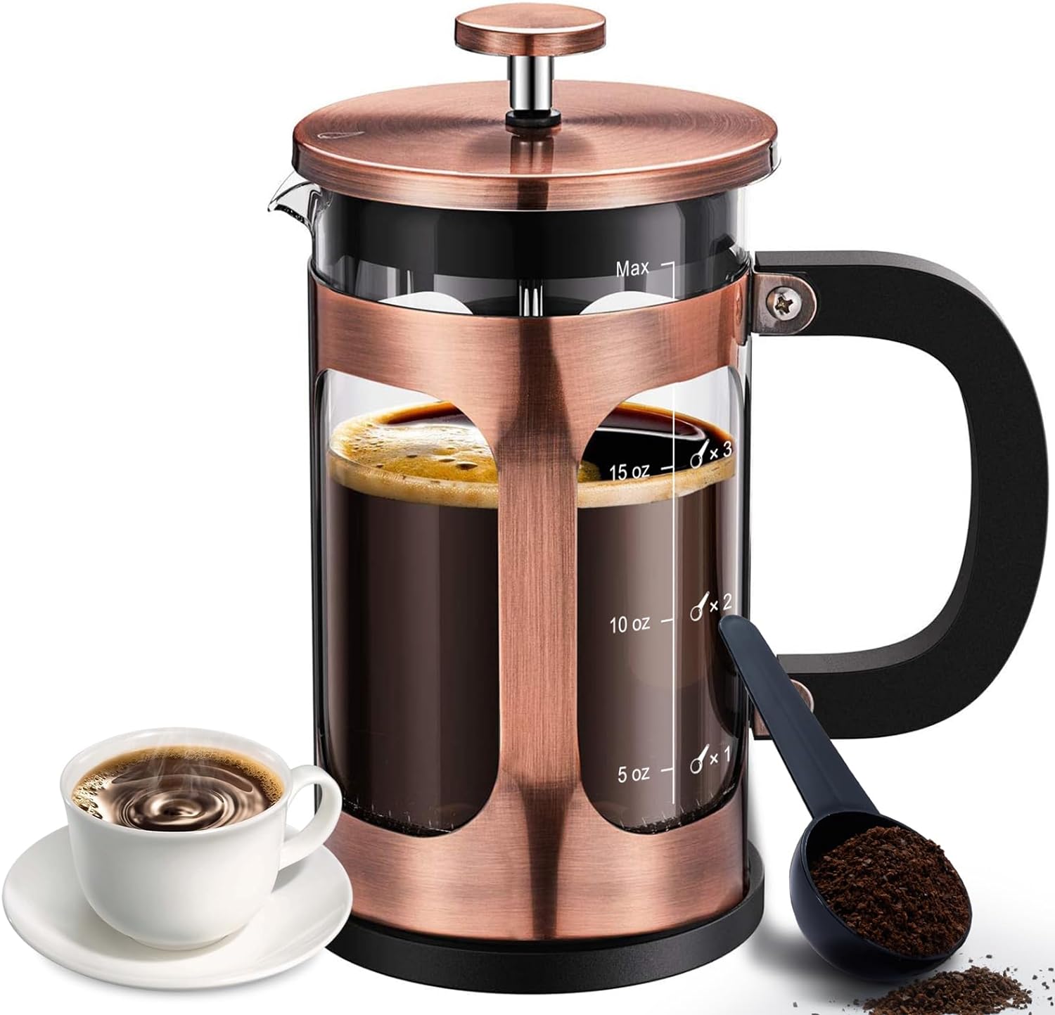 BAYKA 21 Ounce French Press Coffee Tea Maker Small, Stainless Steel Coffee Press Single Serve, Heat Resistant Thickened Borosilicate Glass, Copper 0.6 Liter