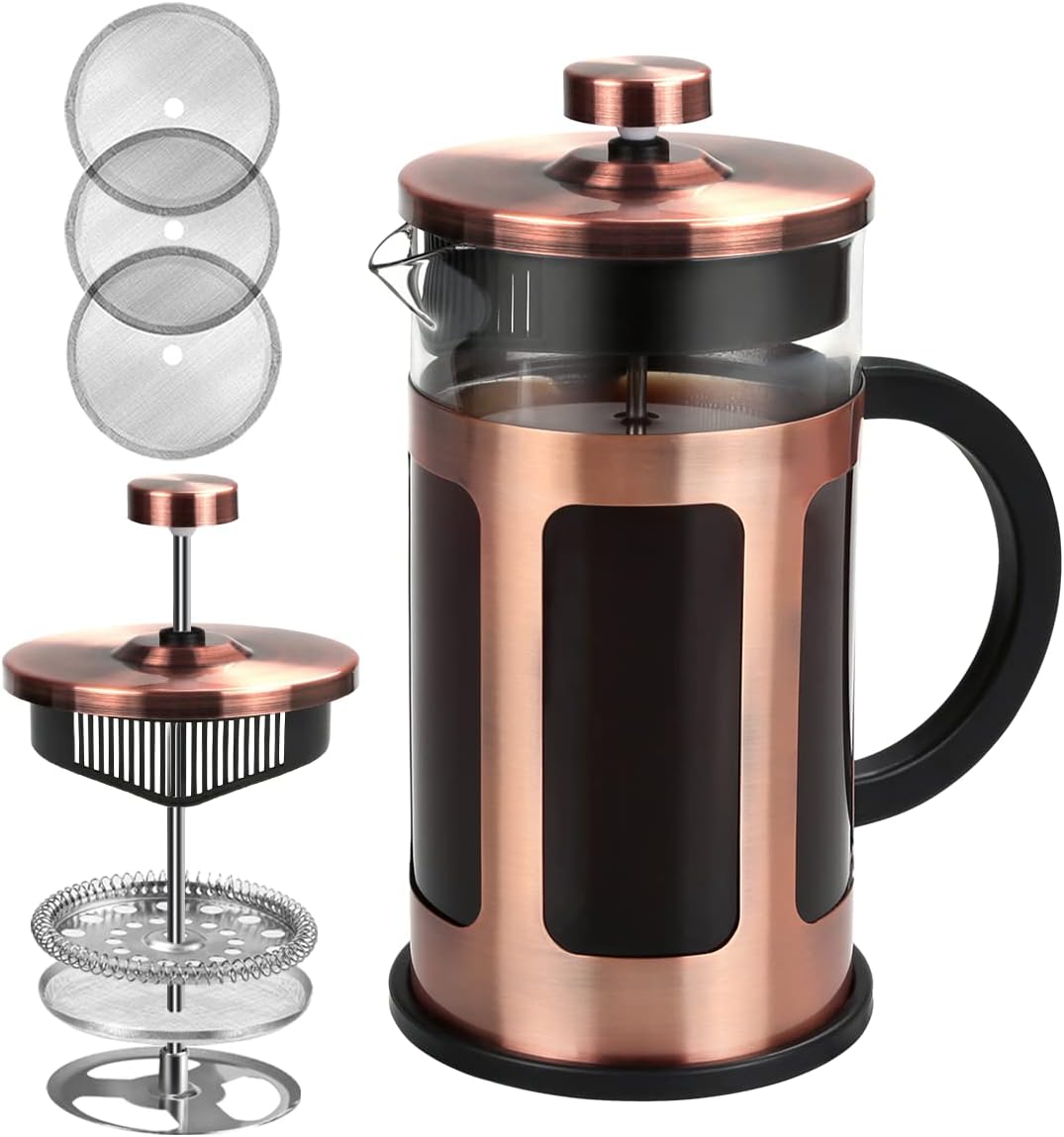 FAVIA French Press Coffee Maker 12 Ounce Stainless Steel with Borosilicate Glass Heat Resistant 4 Level Filtration System for Brew Coffee & Tea Dishwasher Safe 350ml (12oz, Stainless Copper)