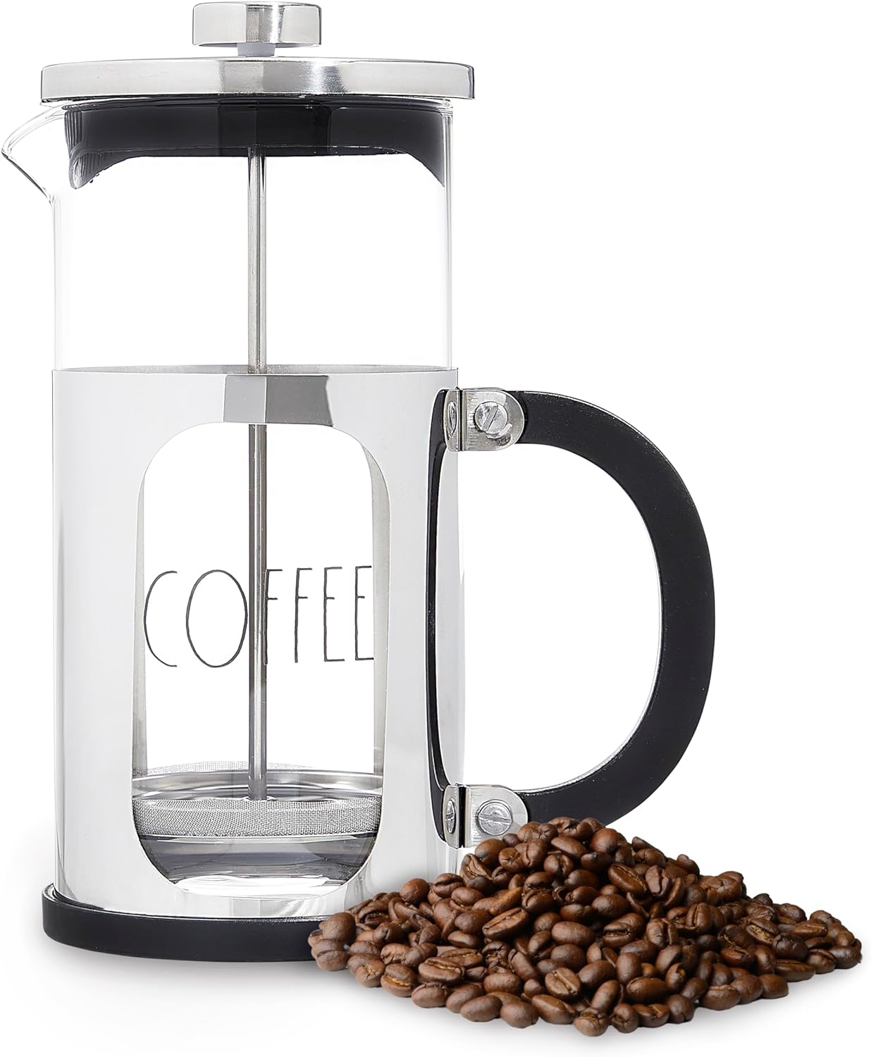 Rae Dunn Glass French Press - COFFEE - Premium Coffee Maker with Elegant Font Design - Heat-Resistant - Stainless Steel Plunger and Frame - Great for Brewing Your Morning Coffee in Style