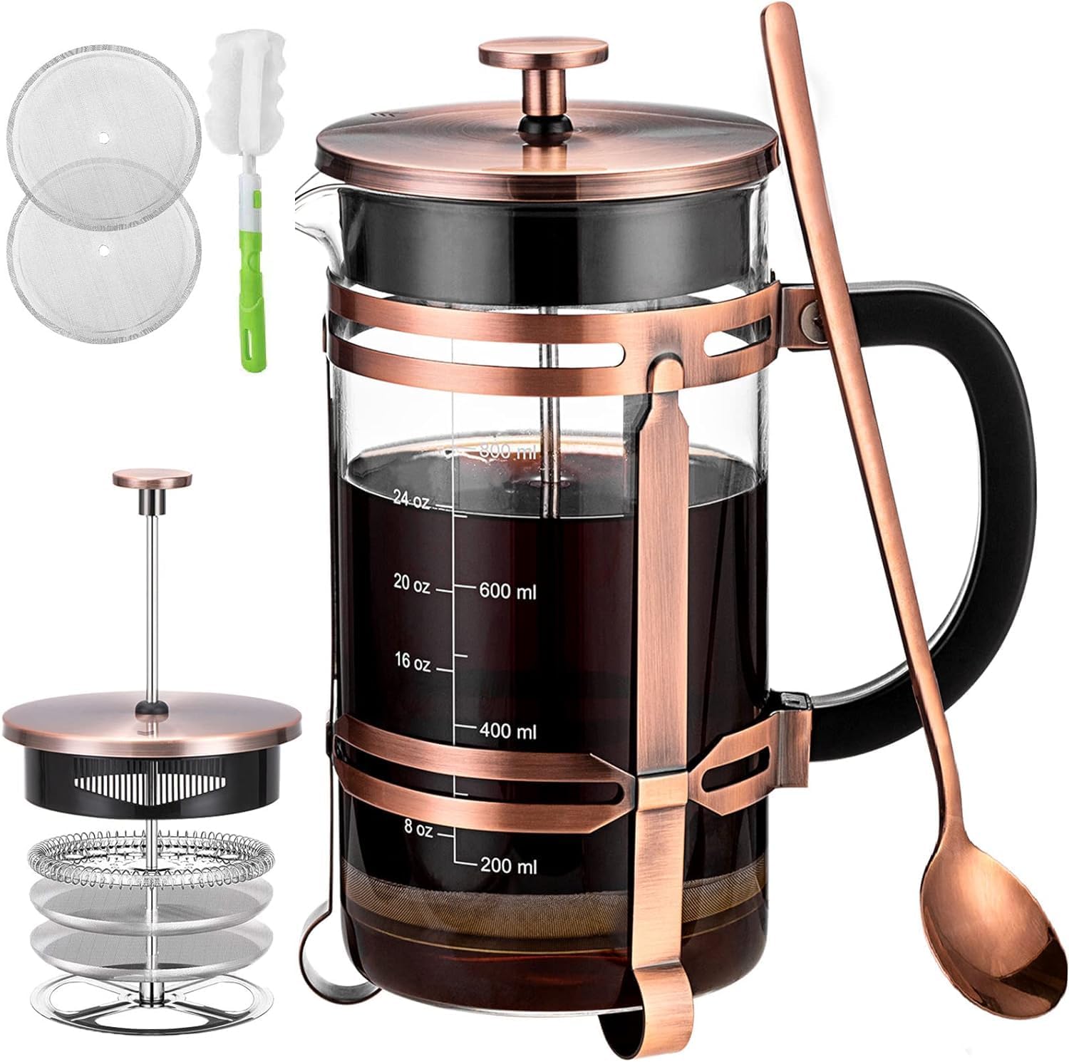 French Press Coffee Maker (21 oz) with 4 Filters - 304 Durable Stainless Steel, Heat Resistant Borosilicate Glass Coffee Press, BPA Free,Brown