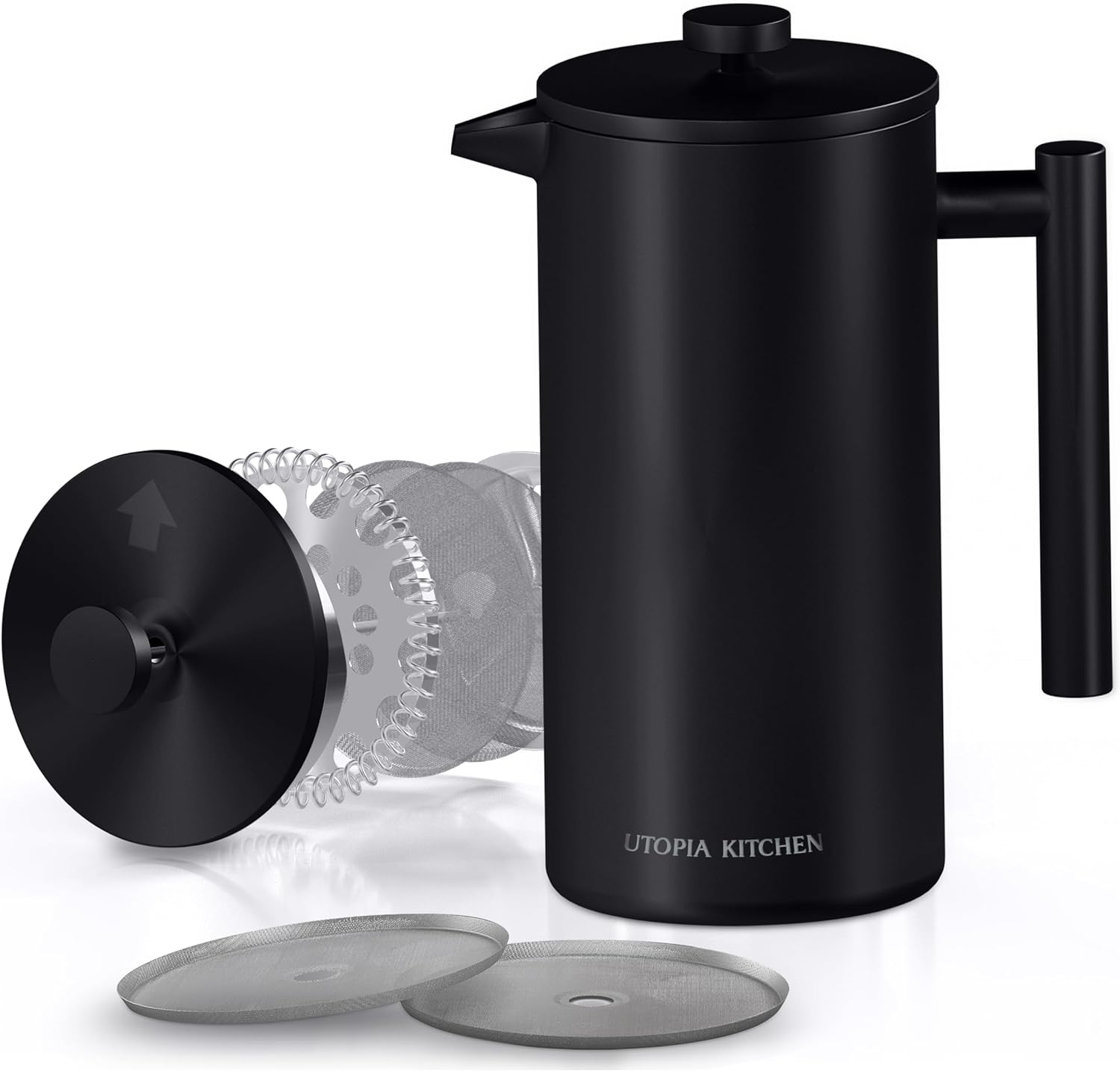 Utopia Kitchen French Press Coffee Maker 21Oz, Double Wall Insulated Stainless Steel with 4-Level Filtration system, Includes 2 Extra Filters, Rust-Free, Black