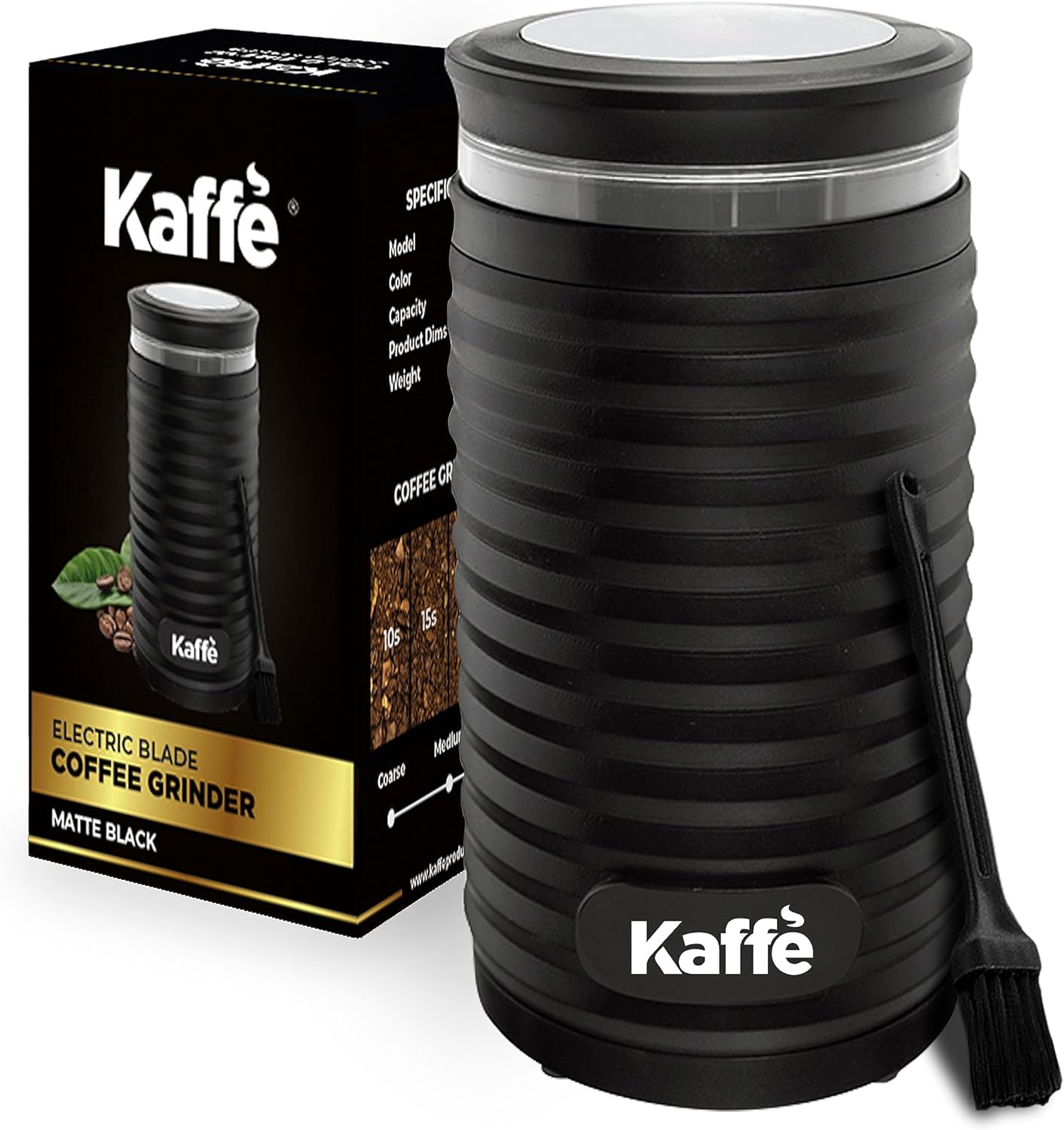 Kaffe Electric Coffee Bean Grinder w/Cleaning Brush - Easy On/Off - Perfect for Espresso, Herbs, Spices, Seeds, Nuts, Grains - 3.5oz / 14 Cup (Modern, Matte Black)