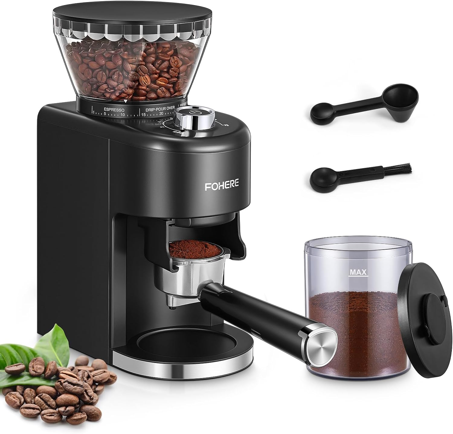 Anti-static Conical Burr Coffee Grinder FOHERE Adjustable Burr Mill with 35 Precise Grind Setting, 2-12 Cup Select Timer, for Espresso, Drip Coffee, French Press, Black