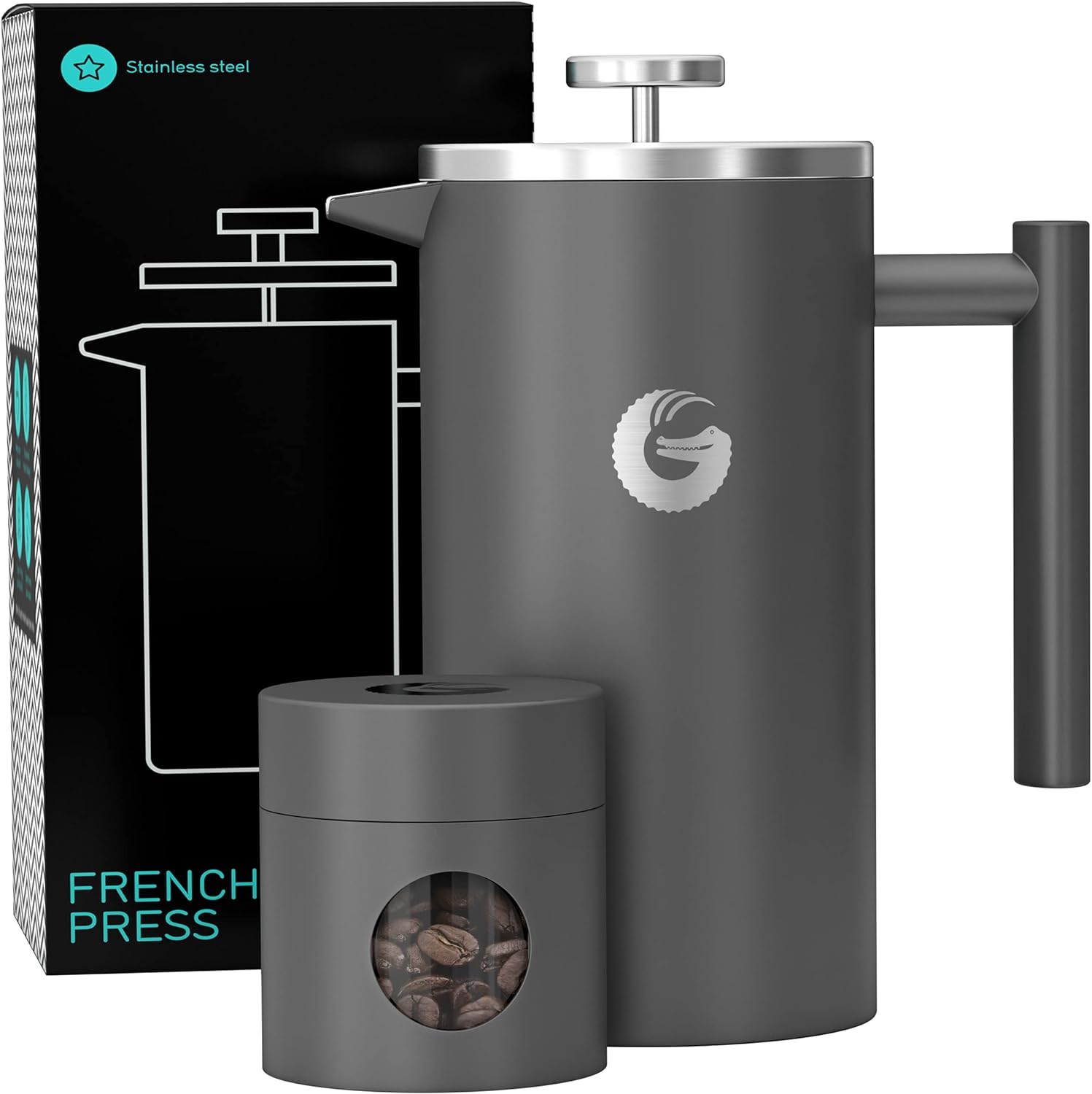 Coffee Gator French Press Coffee Maker - Thermal Insulated Brewer Plus Travel Jar - Large Capacity, Double Wall Stainless Steel - 34oz - Gray