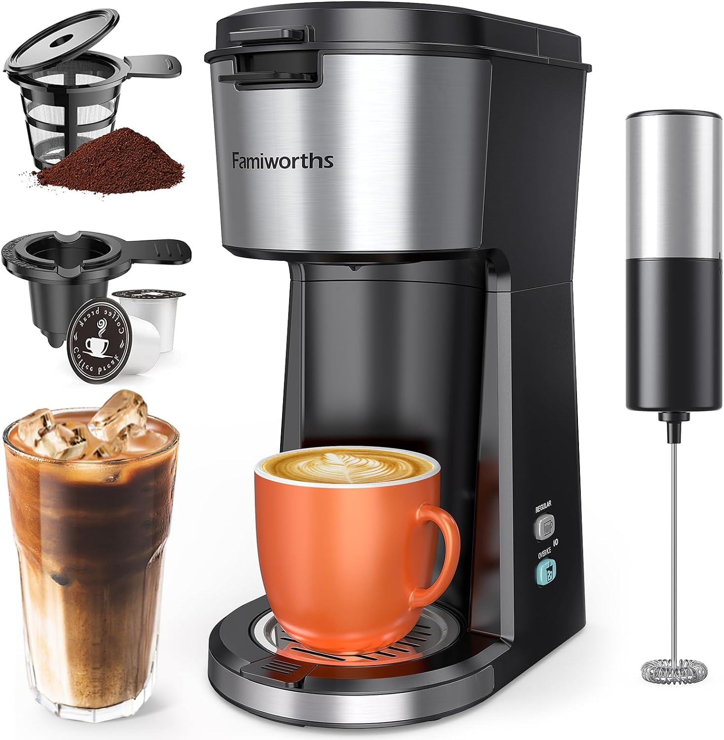 Famiworths Iced Coffee Maker with Milk Frother, Hot and Cold Single Serve Coffee Maker for K Cup Pod and Ground, Compact Coffee Machine 2 in 1 with Descaling Reminder and Self Cleaning