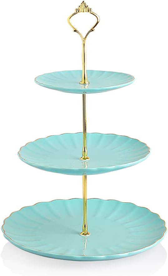 Sweejar 3 Tier Ceramic Cake Stand Wedding, Dessert Cupcake Stand for Tea Party Serving Platter (Turquoise)