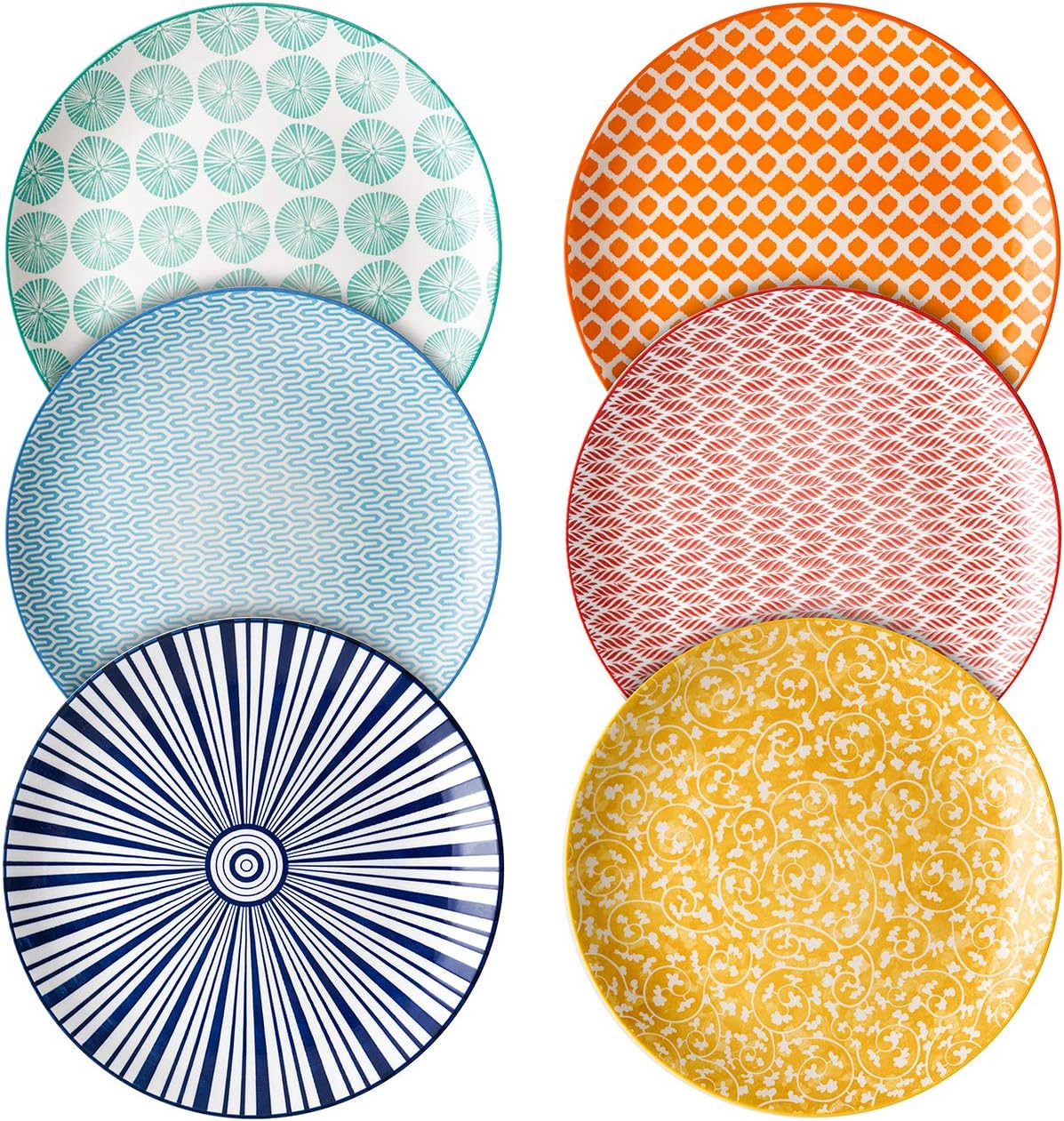 Selamica 8 inch Porcelain Dinner Plates, Large Size Serving Plate for Salad, Pancakes, Steak, Set of 6, Assorted Colors