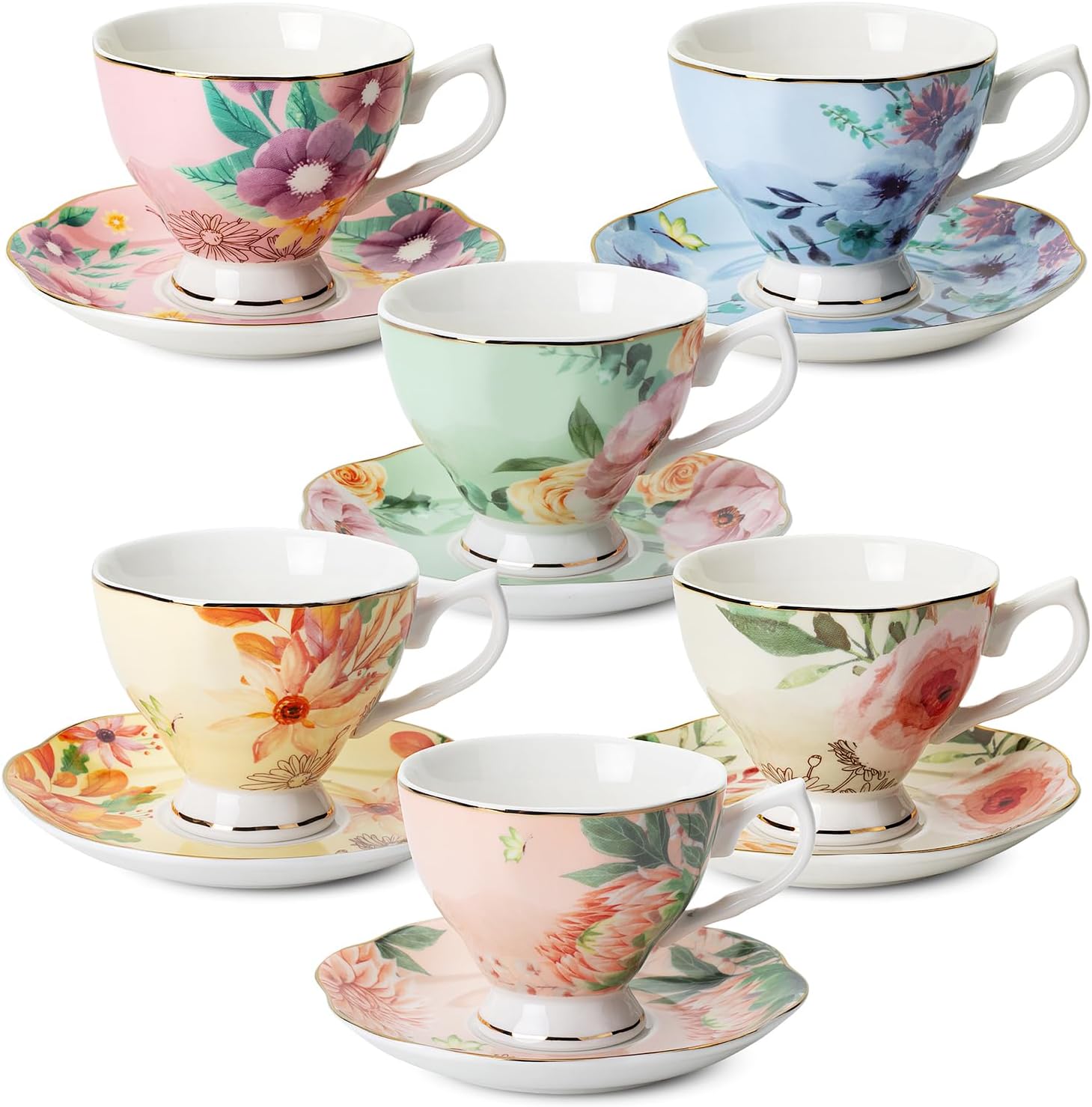 BTaT- Tea Cups and Saucers Set of 6, Tea Set, Floral Tea Cups (8oz), Porcelain Tea Cups for Tea Party, Rose Teacups, China Tea Cups, Tea Cup and Saucer Set, Porcelain Tea Set, (Bone China)