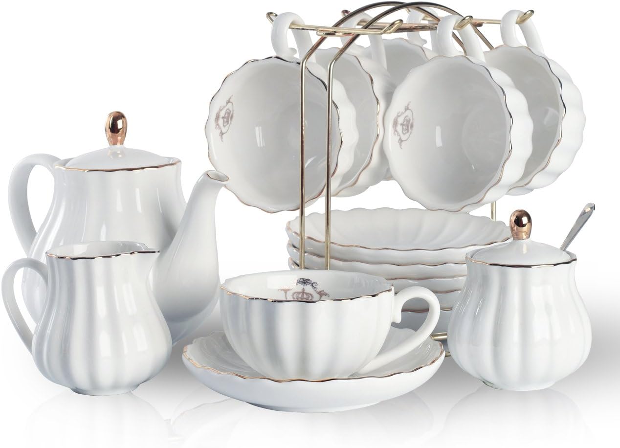 Porcelain Tea Sets British Royal Series, 8 OZ Cups& Saucer Service for 6, with Teapot Sugar Bowl Cream Pitcher Teaspoons and tea strainer for Tea/Coffee, Pukka Home (Pure White)