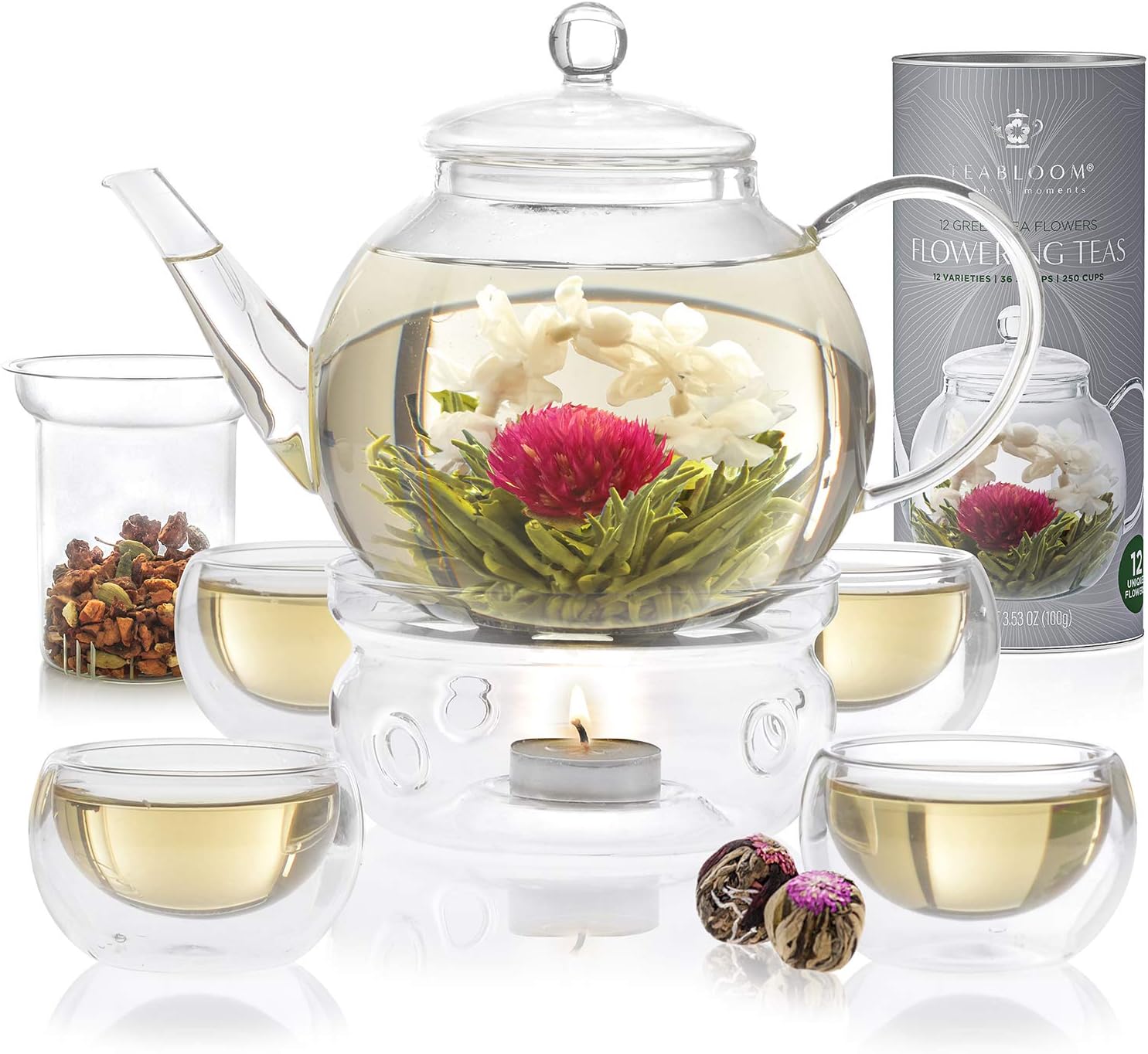 Teabloom Complete Tea Set  Teapot (40 OZ), Loose Tea Infuser, 4 Insulated Glass Teacups, Tea Warmer, and 12 Flowering Teas  Elegant Blooming Tea Gift Set