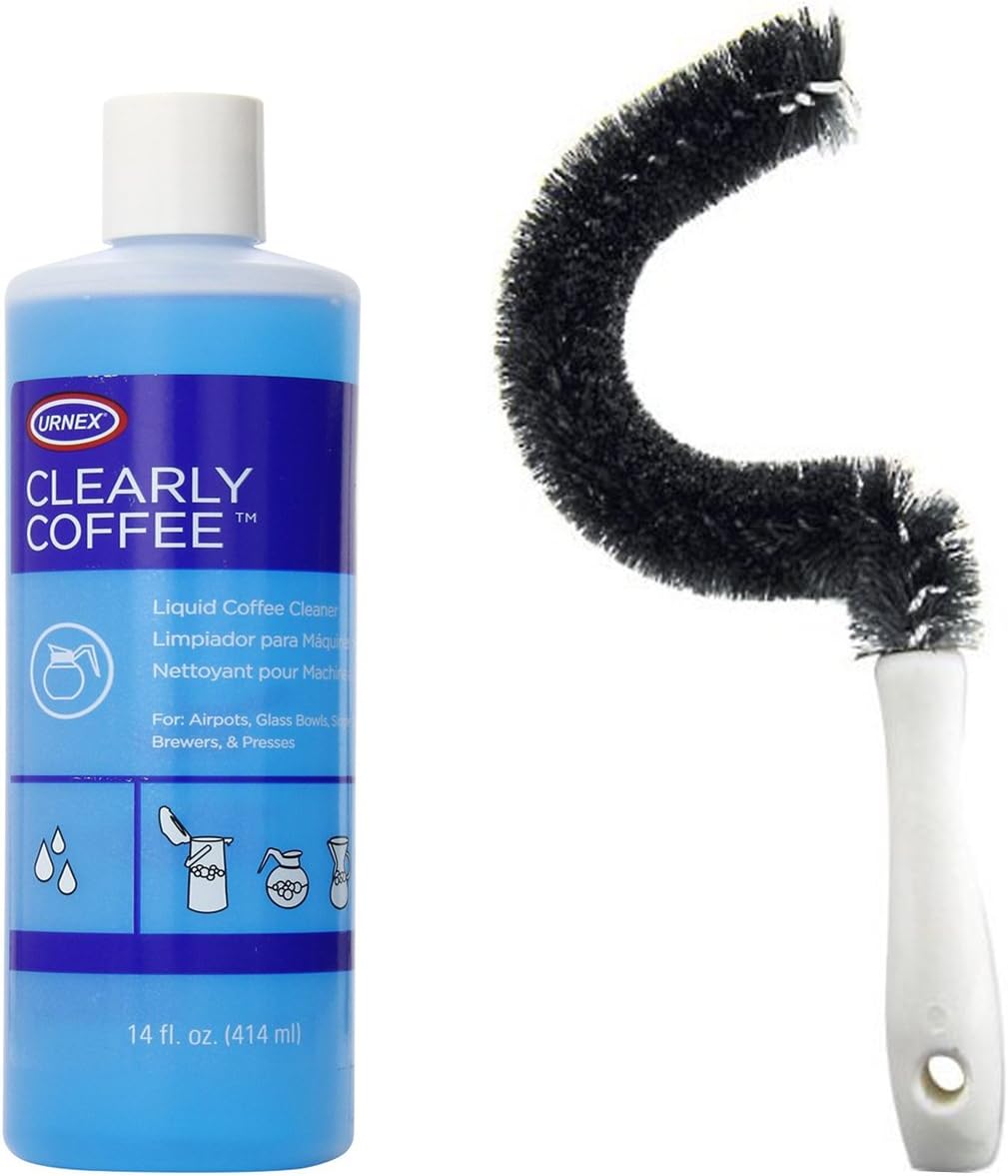 Coffee Pot Cleaning Brush and 1 bottle of Urnex Clearly Coffee Liquid Cleaner