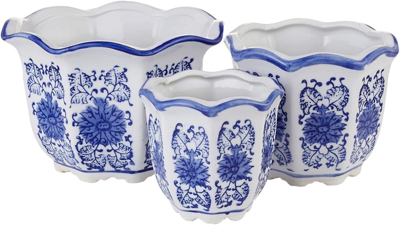 Blue and White Porcelain, Flower Pots, Chinese Ceramic Planters for Indoor Decorative -Set of 3