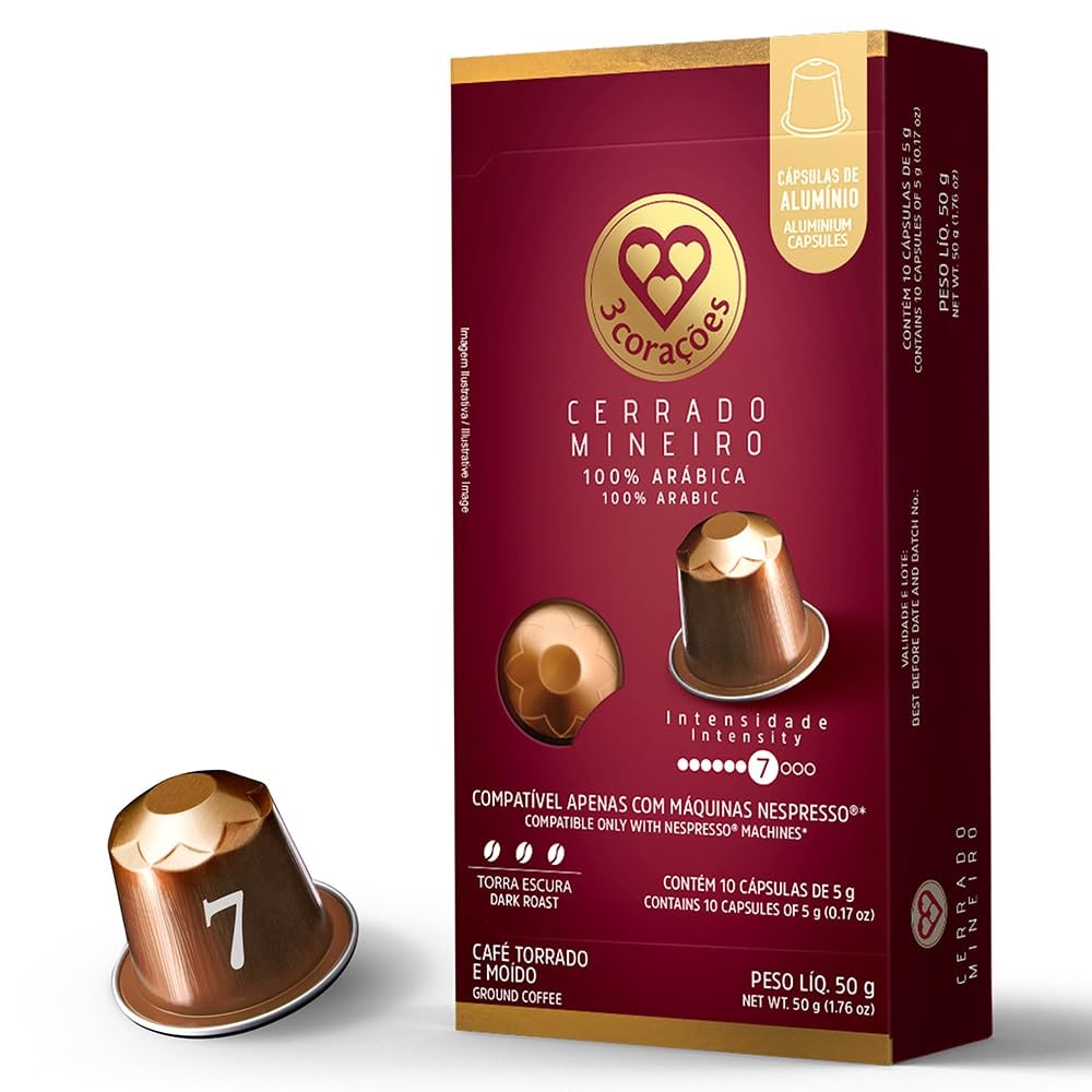 3 Coracoes Cerrado Miniero Coffee Pods - 50 Pods of Authentic Brazilian Coffee Capsules Compatible with Nespresso Original Line Machine with Red Fruit Flavor and Light Acidity - Nespresso Pods Intensity 7