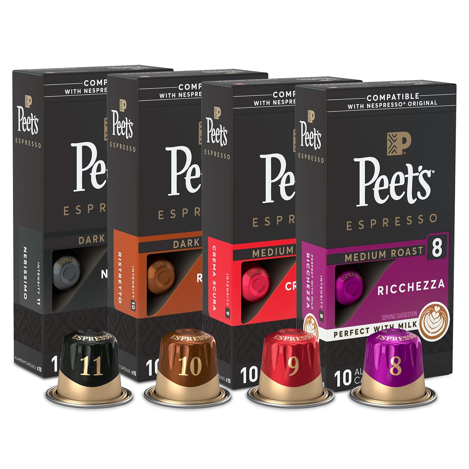 Peet' Coffee Gifts, Espresso Coffee Pods Variety Pack, Dark & Medium Roasts, Compatible with Nespresso Original Machine, Intensity 8-11, 40 Count (4 Boxes of 10 Espresso Capsules)