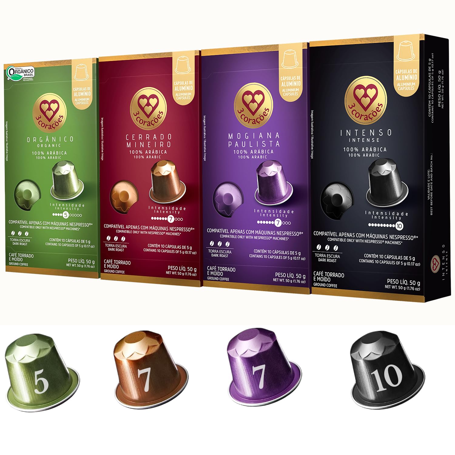 3 Coracoes - 4x10 Variety Pack Coffee Pods Nespresso Compatible - Authentic Brazilian Coffee Pods - Aluminum Espresso Capsules (Espresso Organic/Cerrado Mineiro/Mogiana Paulista/Espresso Intense) - Nespresso Pods for Nespresso Original Line Machine