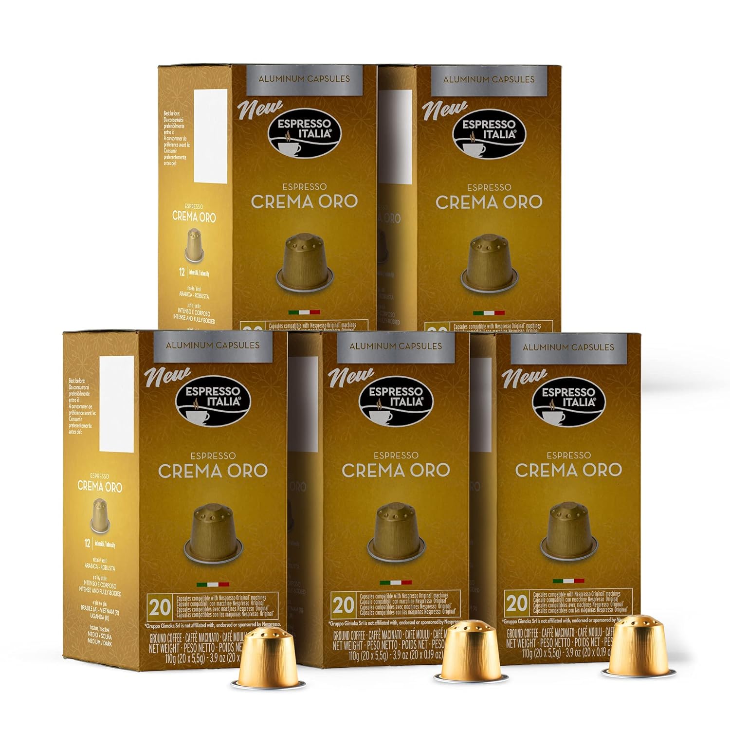 ESPRESSO ITALIA 100 Aluminum Capsules Compatible with Nespresso Original Lines Machines - CREMA ORO BLEND, Italian Espresso Coffee Pods